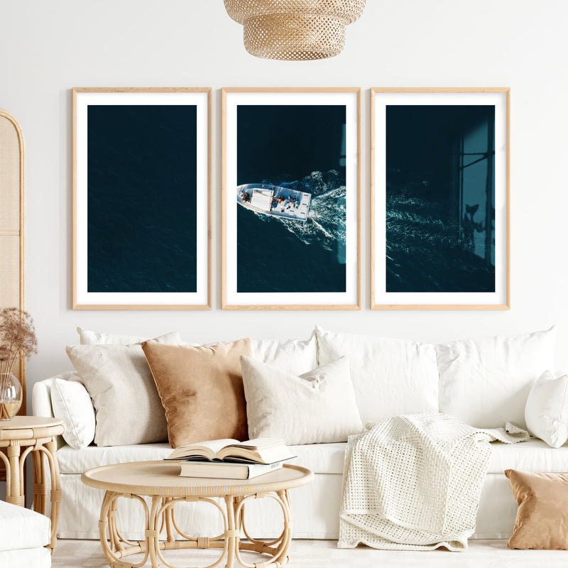 Aerial Boat wall decor ocean Photography- Natural Wood Framed Poster with White Border - Artworksets