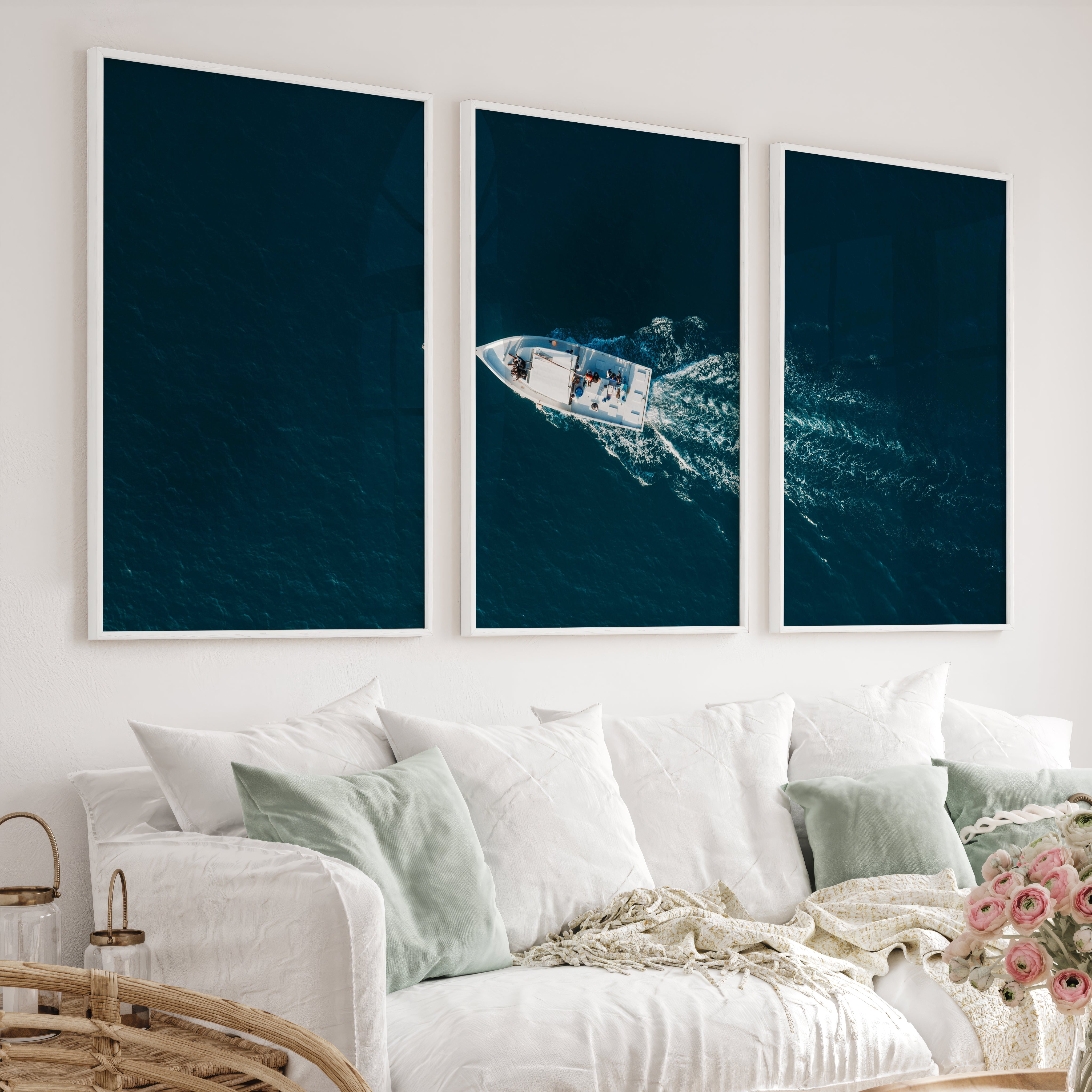 Aerial Boat wall decor ocean Photography - White Framed Poster No Border - Artworksets