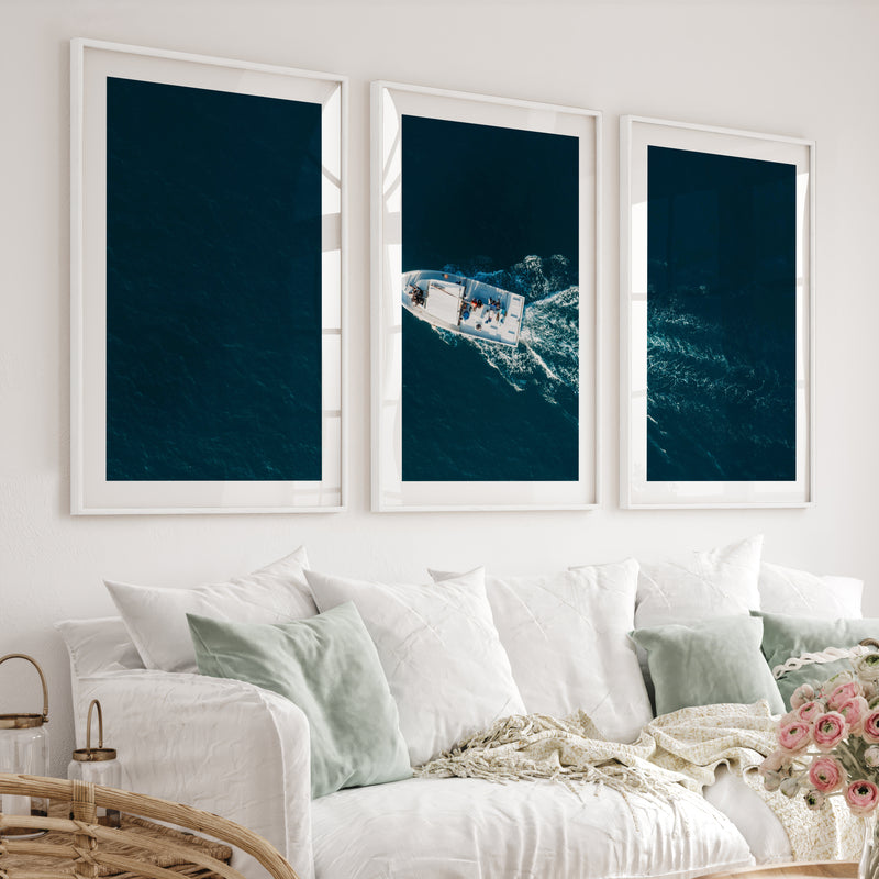 Aerial Boat wall decor ocean Photography - White Framed Poster with White Border - Artworksets