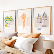 Wall Decor Retro with Oranges and Pasta Illustration Set - Natural Wood Framed Poster No Border - Artworksets