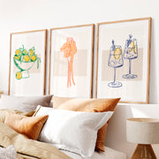 Wall Decor Retro with Oranges and Pasta Illustration Set- Natural Wood Framed Poster with White Border - Artworksets