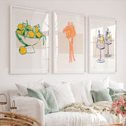 Wall Decor Retro with Oranges and Pasta Illustration Set - White Framed Poster with White Border - Artworksets
