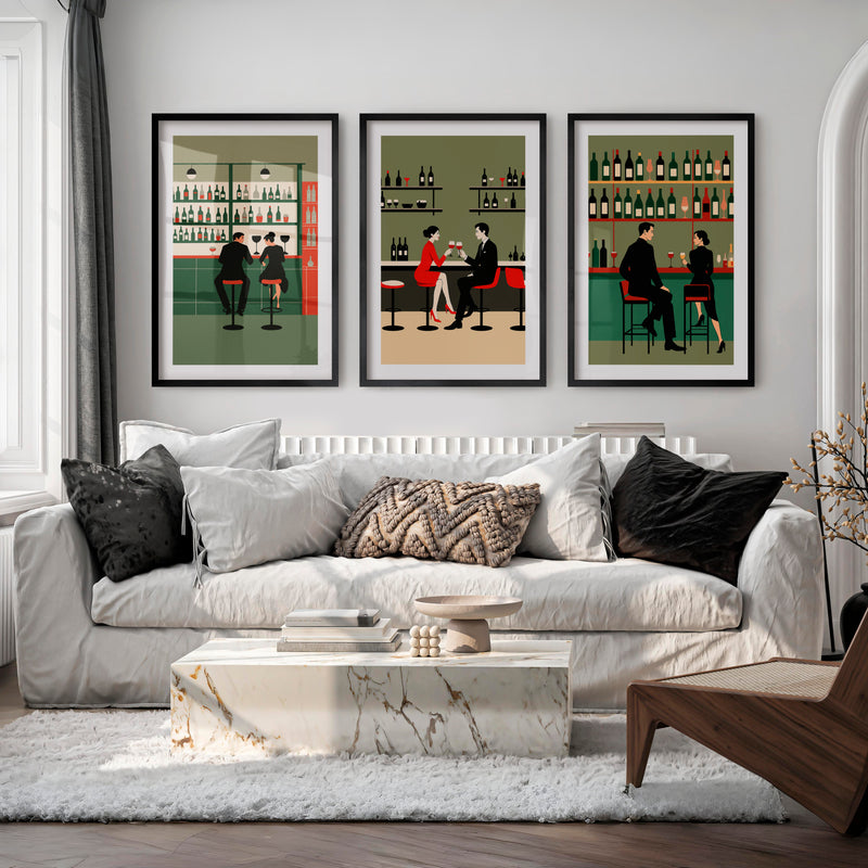 Wine Bar Wall Decor Retro with Couples - Black Framed Poster with White Border - Artworksets