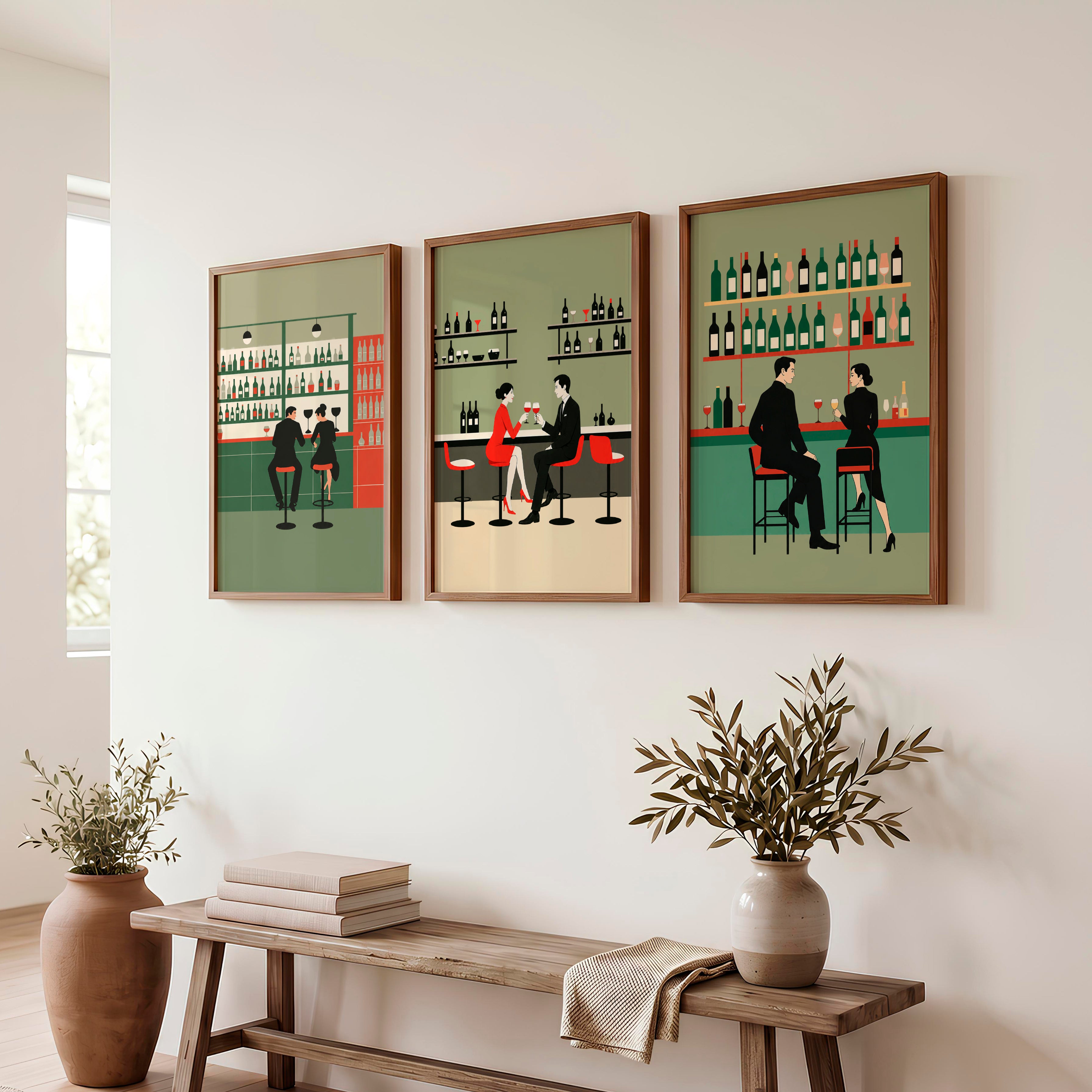 Wine Bar Wall Decor Retro with Couples - Dark Brown Framed Poster No Border - Artworksets