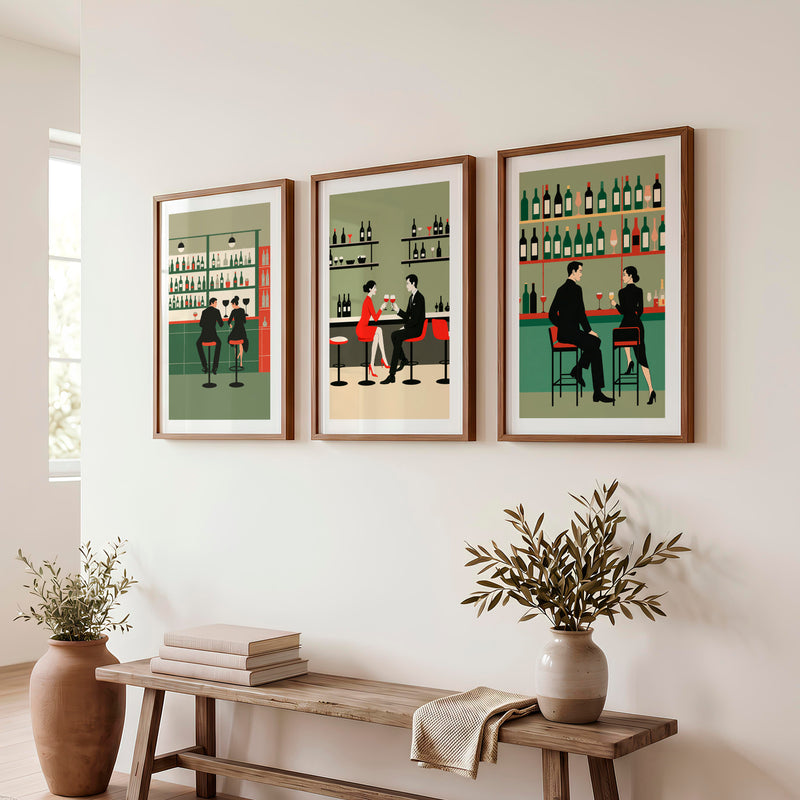 Wine Bar Wall Decor Retro with Couples - Dark Brown Framed Poster with White Border - Artworksets