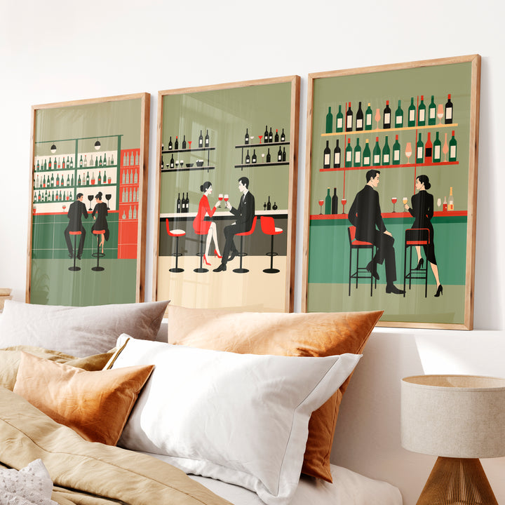 Wine Bar Wall Decor Retro with Couples - Natural Wood Framed Poster No Border - Artworksets