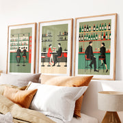 Wine Bar Wall Decor Retro with Couples- Natural Wood Framed Poster with White Border - Artworksets
