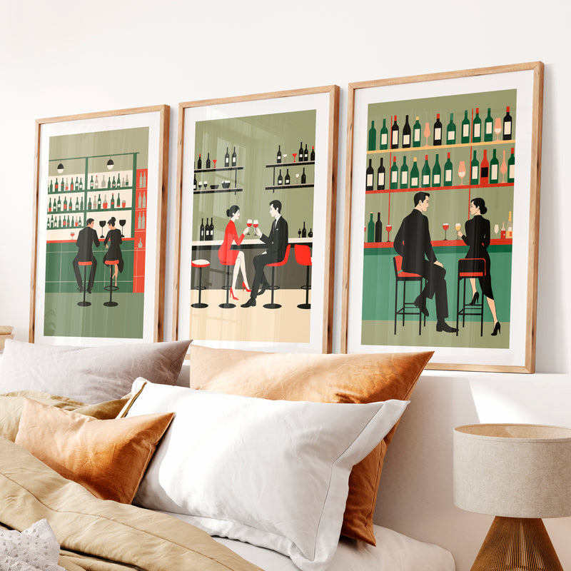 Wine Bar Wall Decor Retro with Couples- Natural Wood Framed Poster with White Border - Artworksets