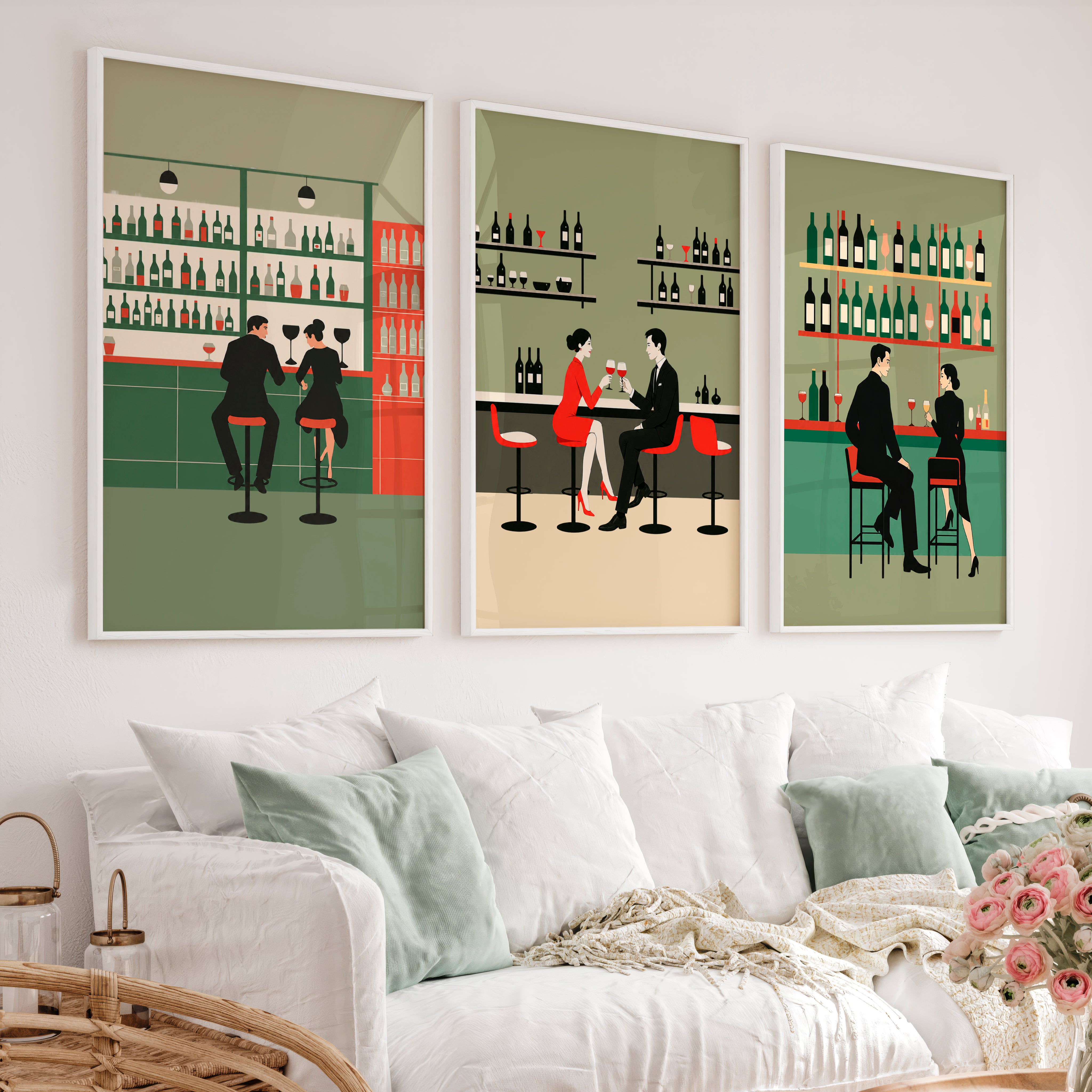 Wine Bar Wall Decor Retro with Couples - White Framed Poster No Border - Artworksets
