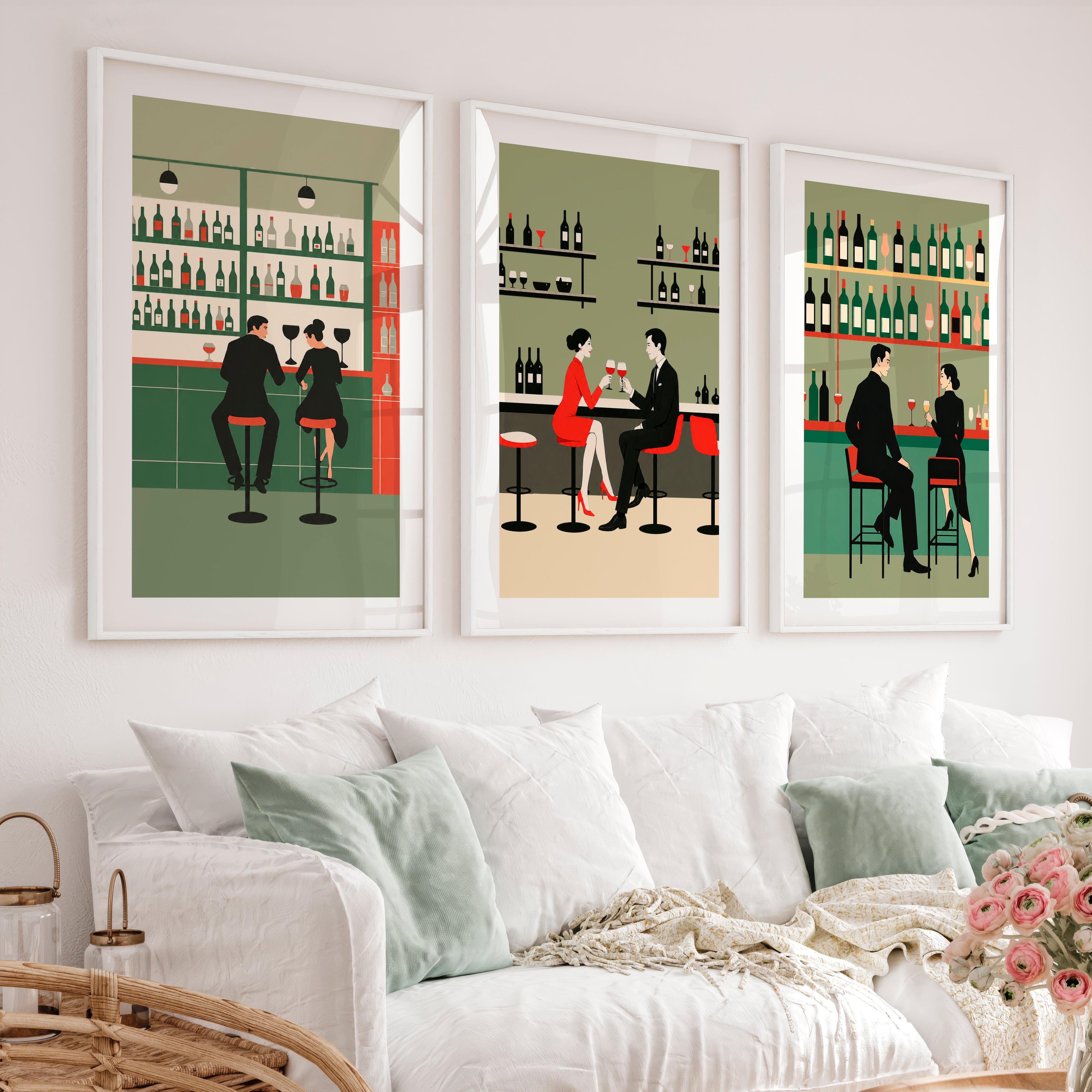 Wine Bar Wall Decor Retro with Couples - White Framed Poster with White Border - Artworksets
