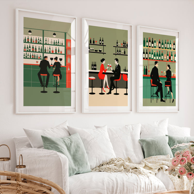 Wine Bar Wall Decor Retro with Couples - White Framed Poster with White Border - Artworksets
