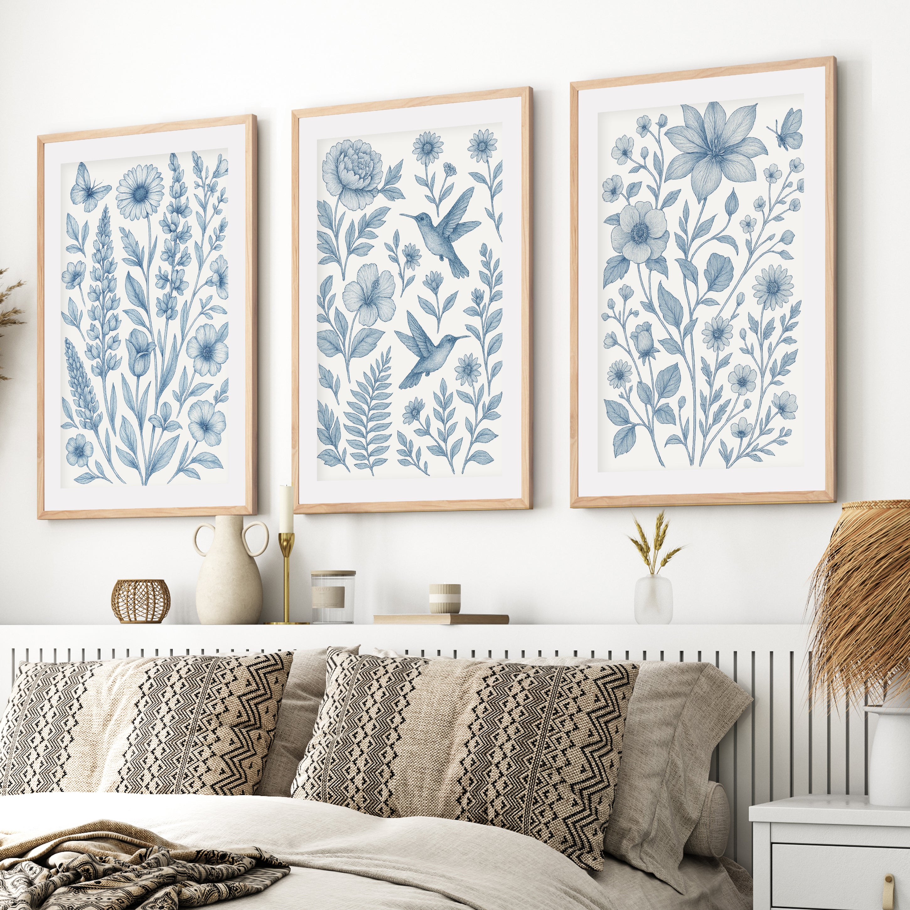 Wall Floral Art – Wall Art Set of 3

- Natural Wood Framed Poster with White Border - Artworksets