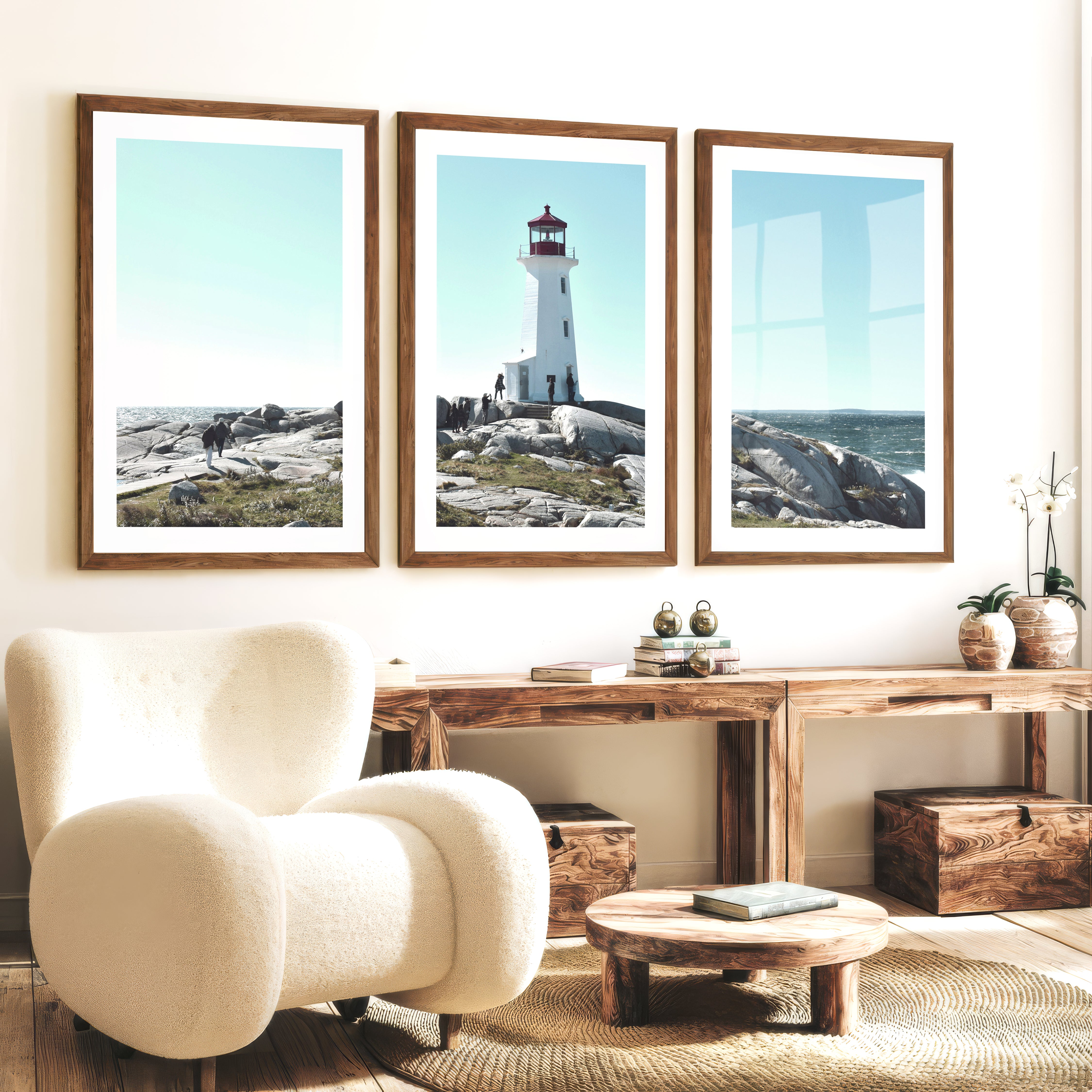 Rocky Coast Lighthouse wall nautical decor - Dark Brown Framed Poster with White Border - Artworksets