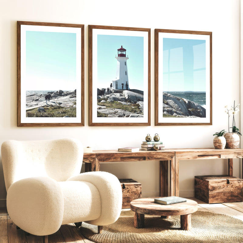 Rocky Coast Lighthouse wall nautical decor - Dark Brown Framed Poster with White Border - Artworksets