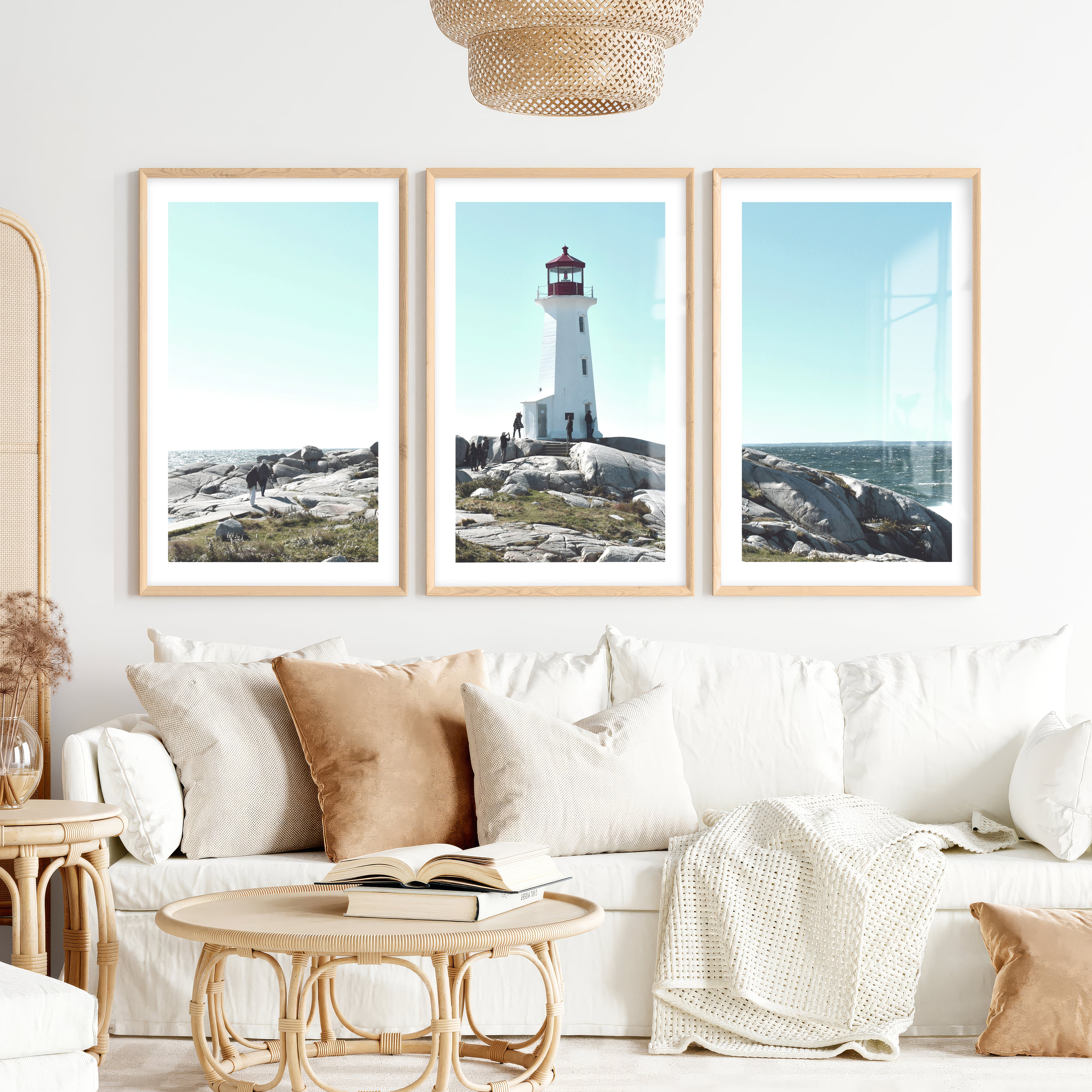 Rocky Coast Lighthouse wall nautical decor- Natural Wood Framed Poster with White Border - Artworksets