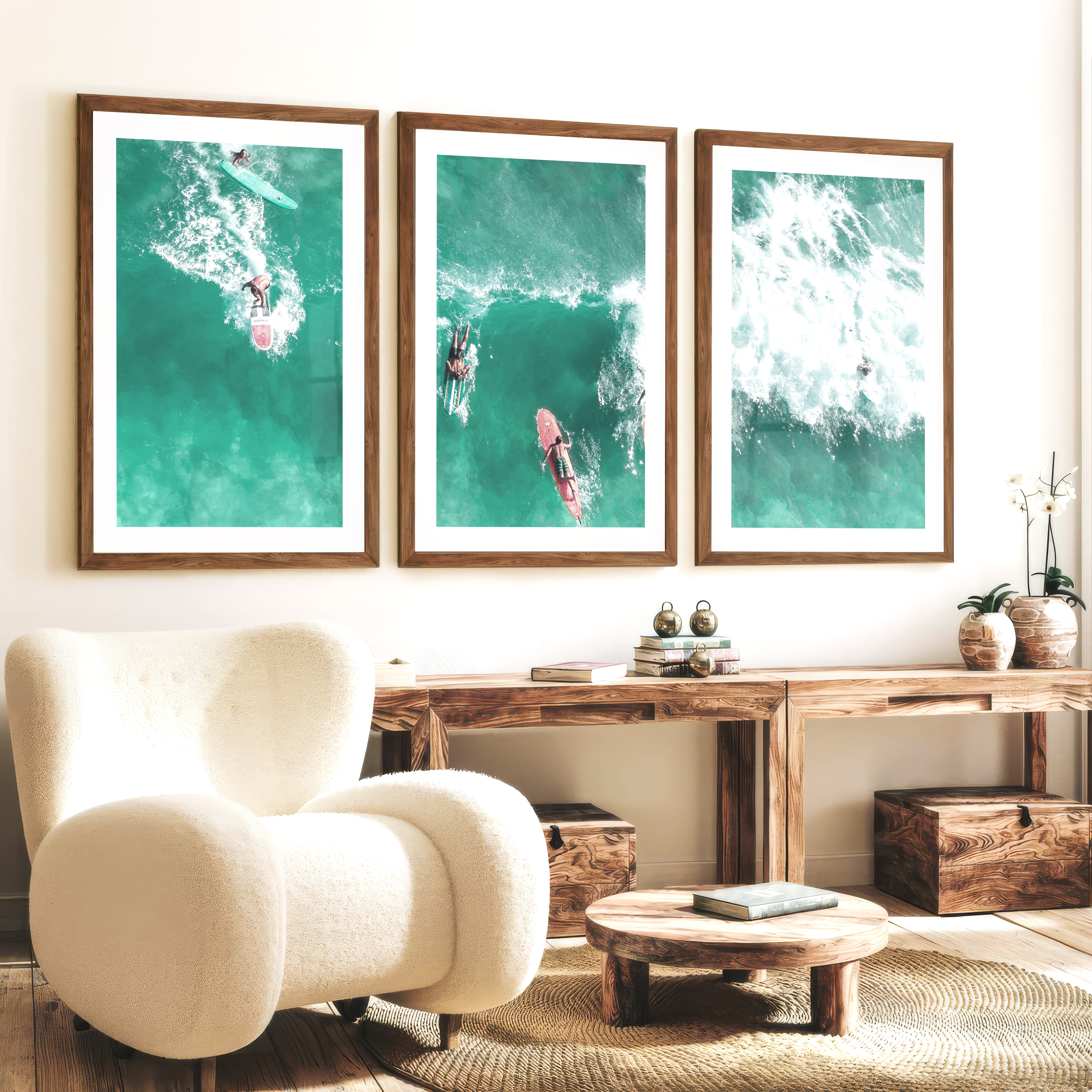 Aerial Surfboards Wall Nautical Decor - Dark Brown Framed Poster with White Border - Artworksets