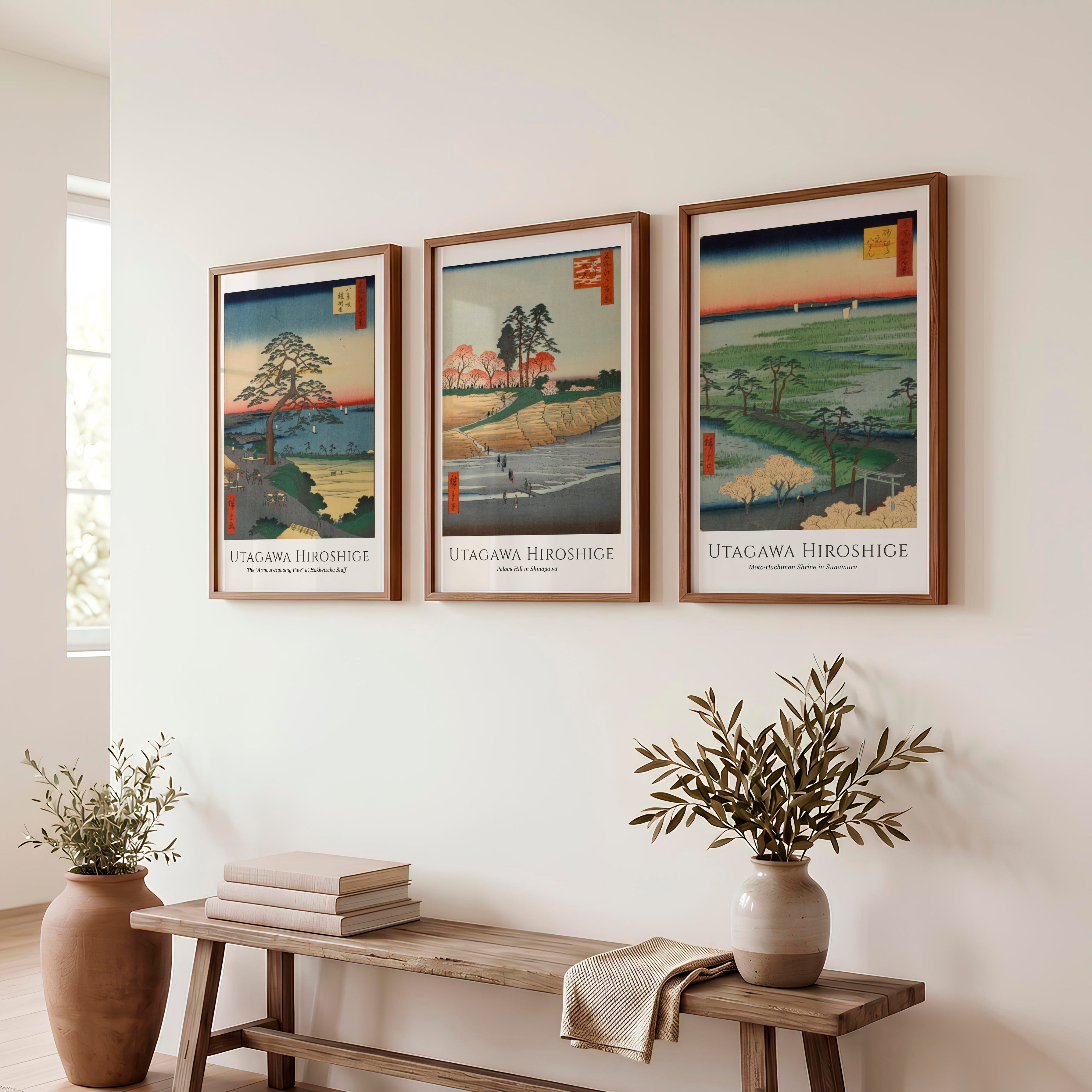 Hiroshige Bluff Wall Painting Japanese Set - Dark Brown Framed Poster No Border - Artworksets