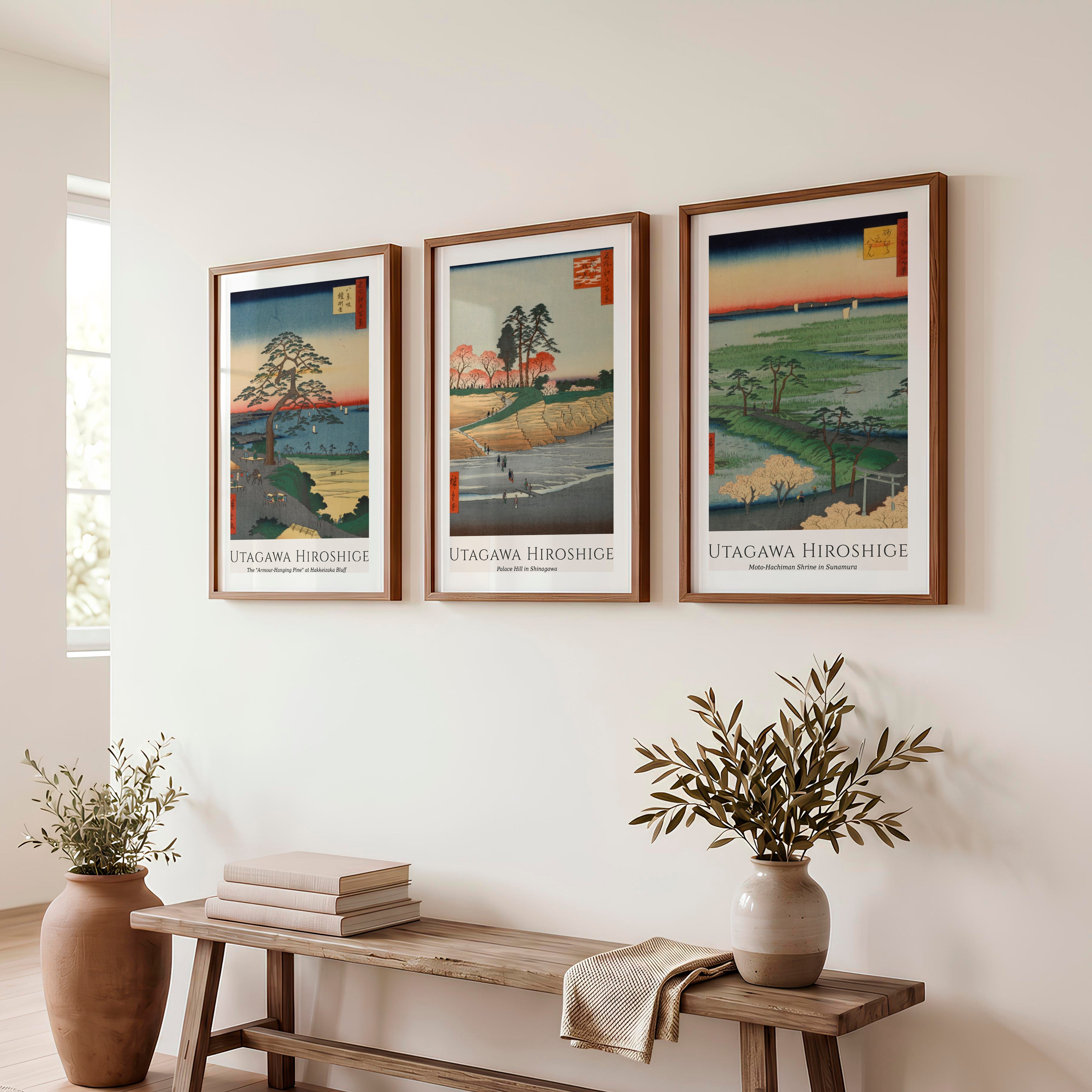 Hiroshige Bluff Wall Painting Japanese Set - Dark Brown Framed Poster with White Border - Artworksets