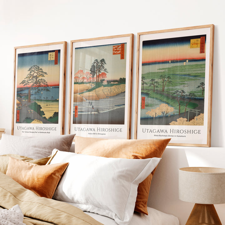 Hiroshige Bluff Wall Painting Japanese Set - Natural Wood Framed Poster No Border - Artworksets