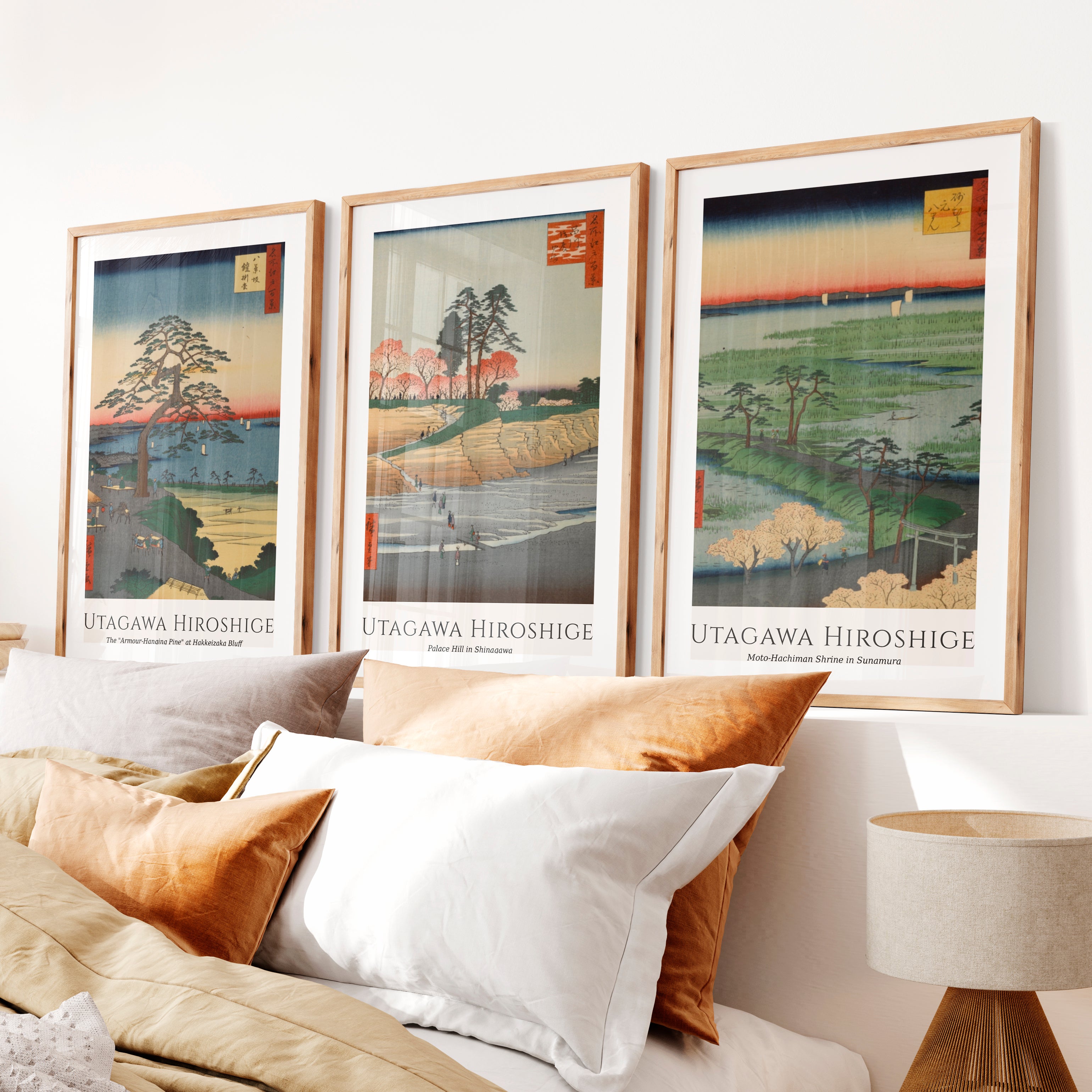 Hiroshige Bluff Wall Painting Japanese Set- Natural Wood Framed Poster with White Border - Artworksets