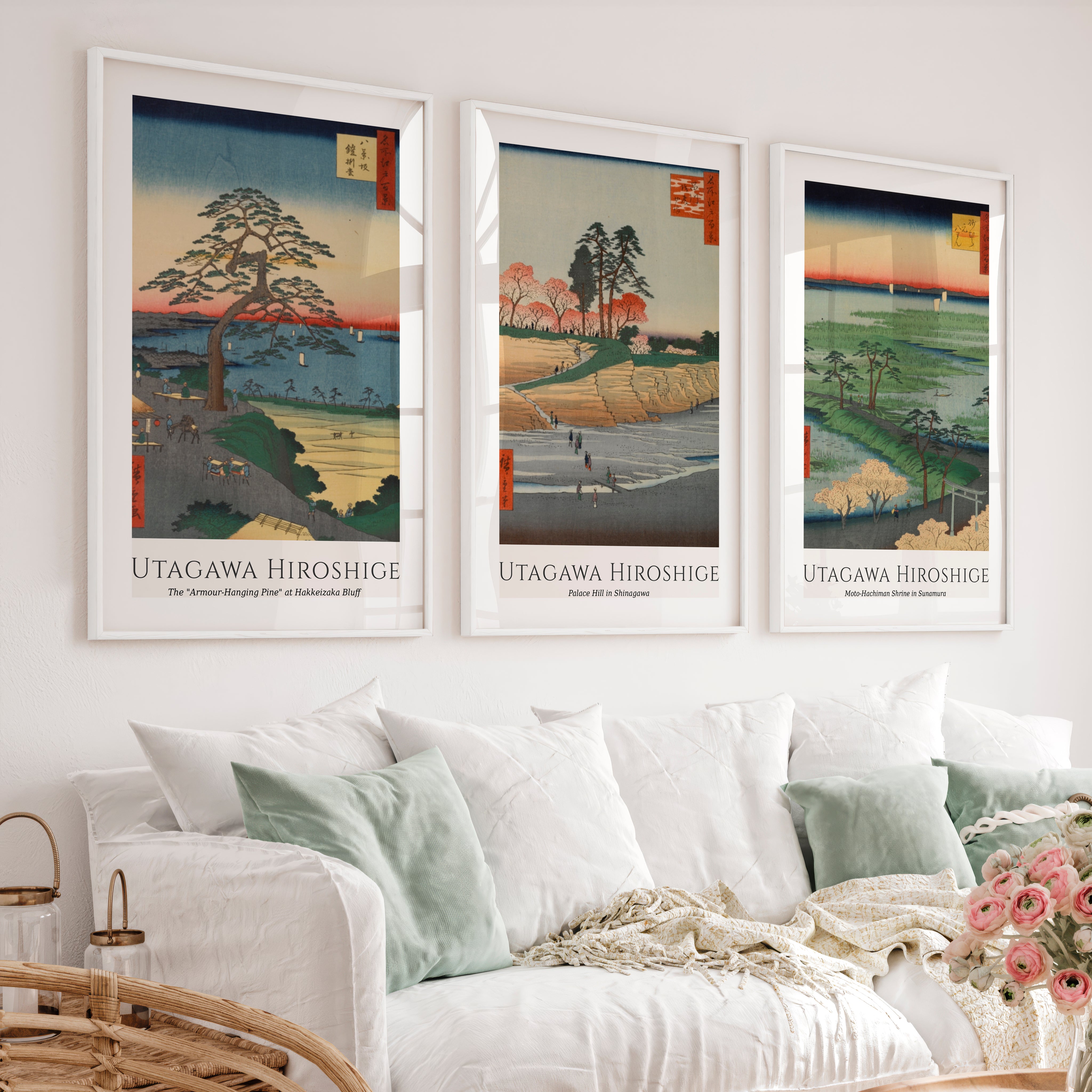 Hiroshige Bluff Wall Painting Japanese Set - White Framed Poster with White Border - Artworksets