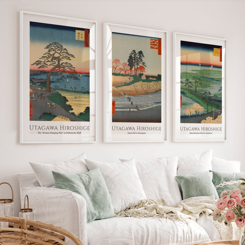 Hiroshige Bluff Wall Painting Japanese Set - White Framed Poster with White Border - Artworksets
