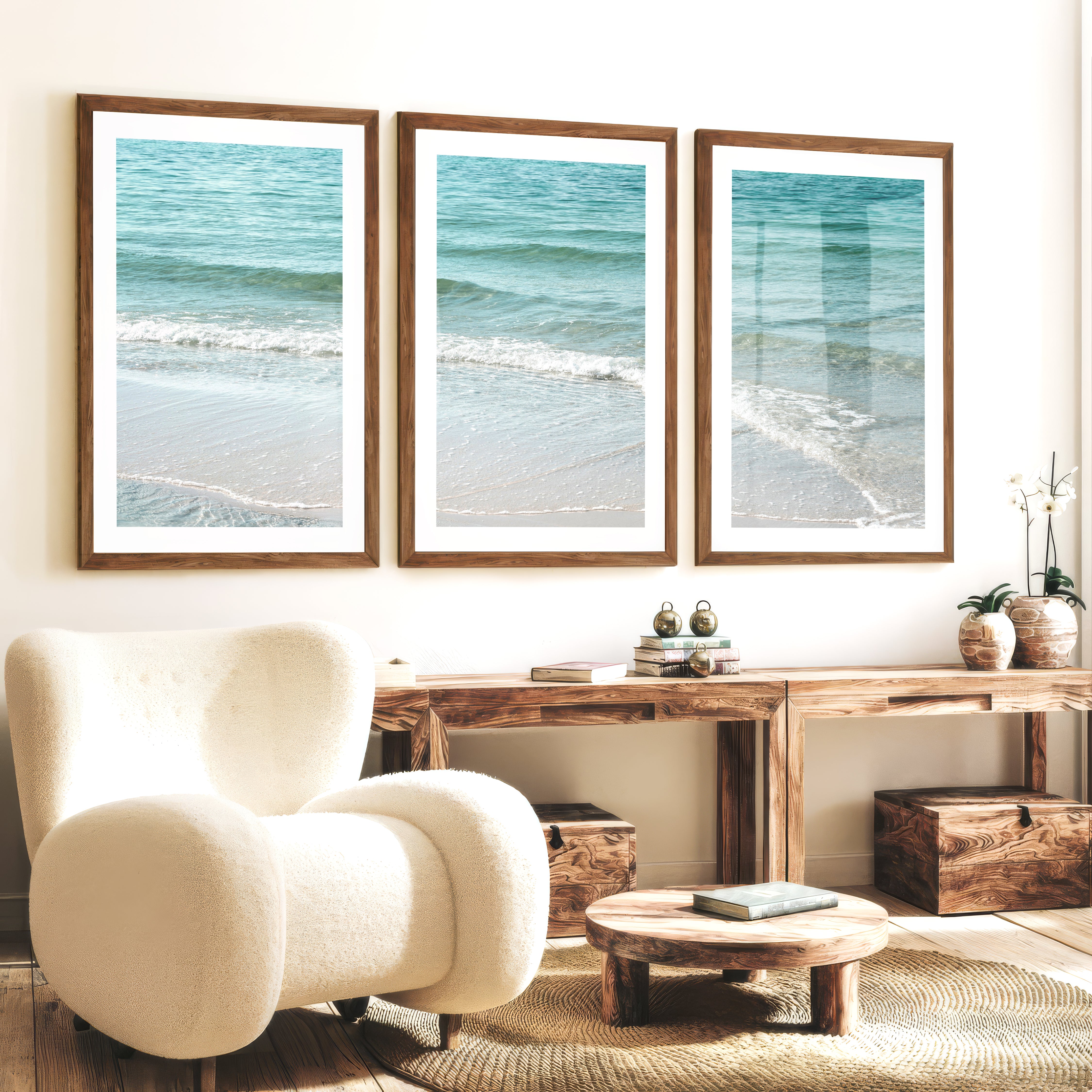 Clear Shoreline wave print - Dark Brown Framed Poster with White Border - Artworksets