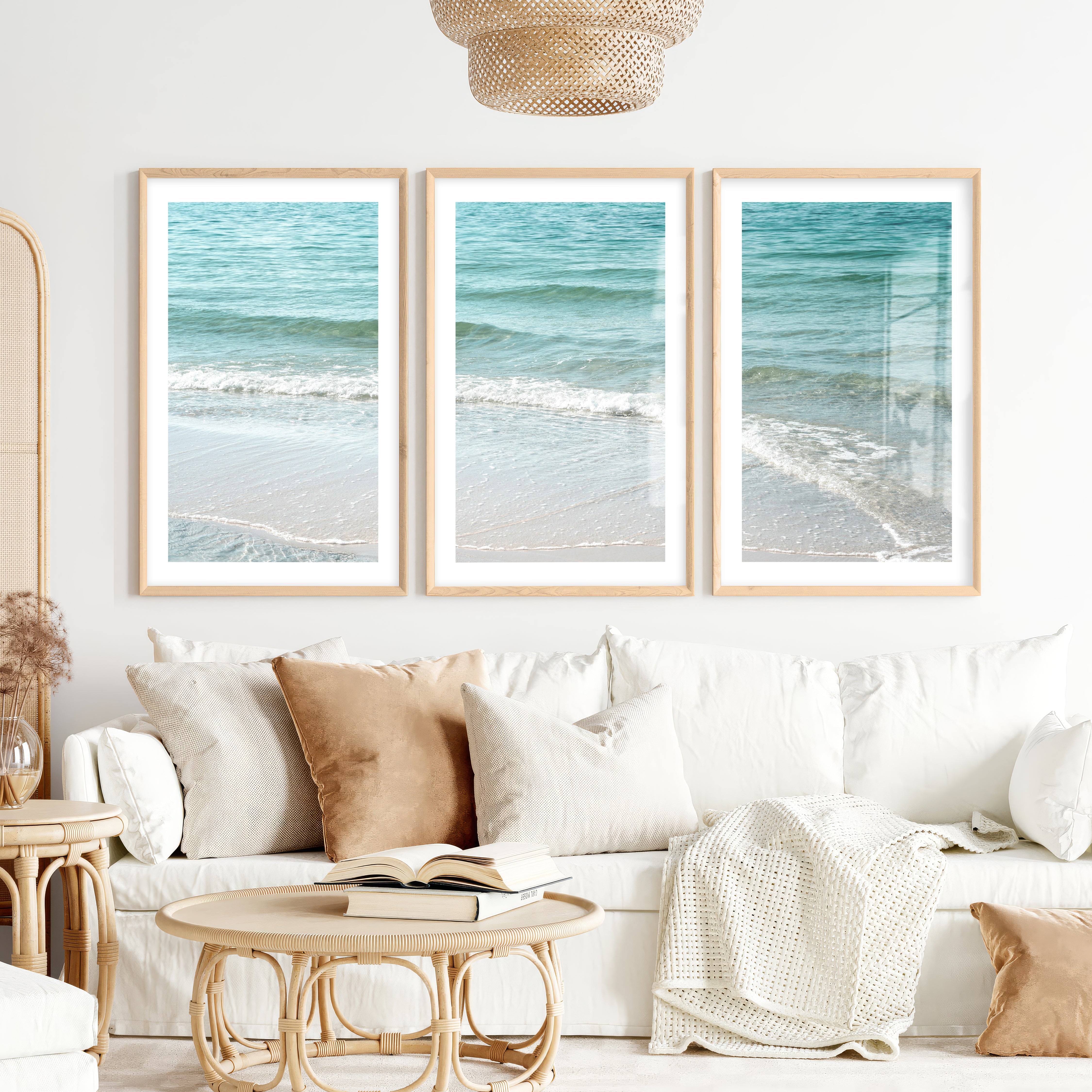 Clear Shoreline wave print- Natural Wood Framed Poster with White Border - Artworksets