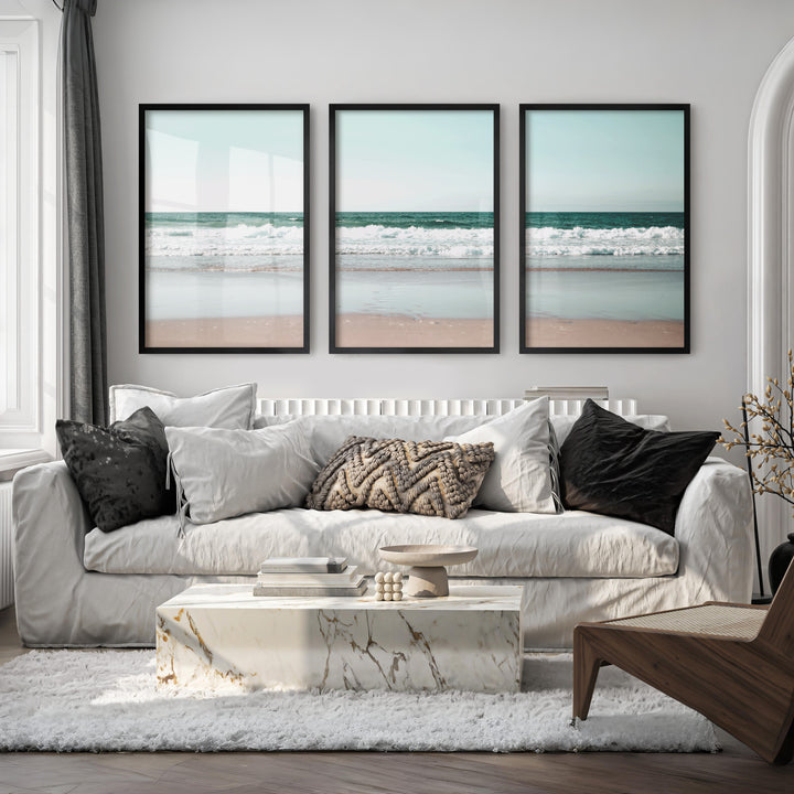 Foamy shoreline wave prints on a quiet beach - Black Framed Poster No Border - Artworksets