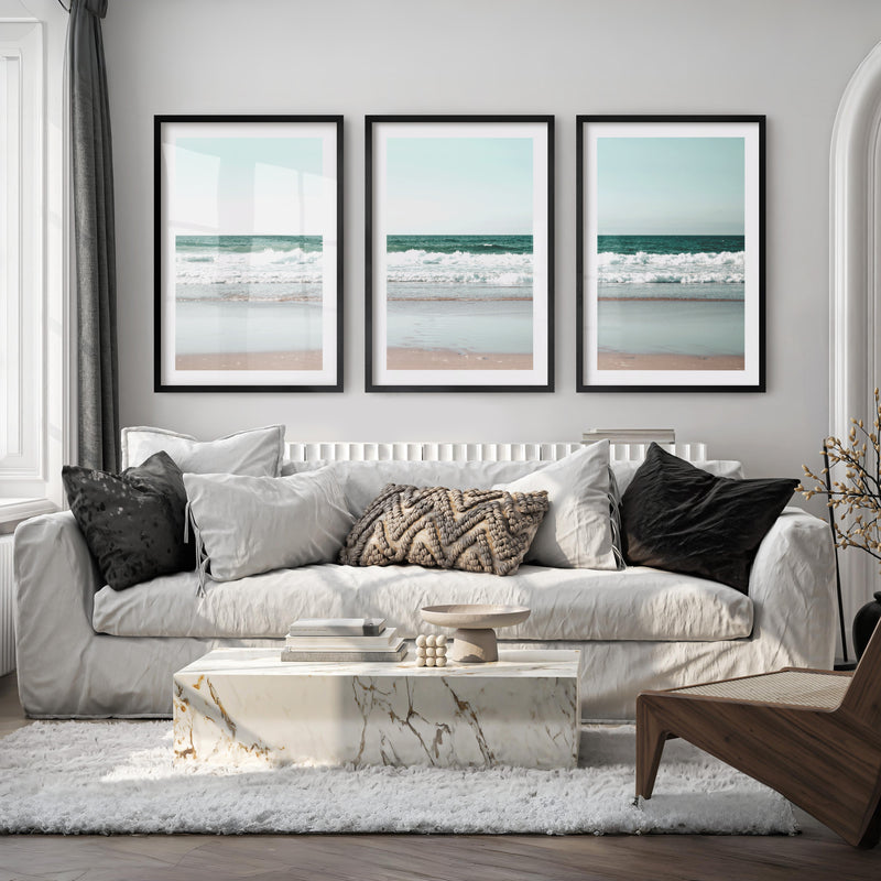 Foamy shoreline wave prints on a quiet beach - Black Framed Poster with White Border - Artworksets