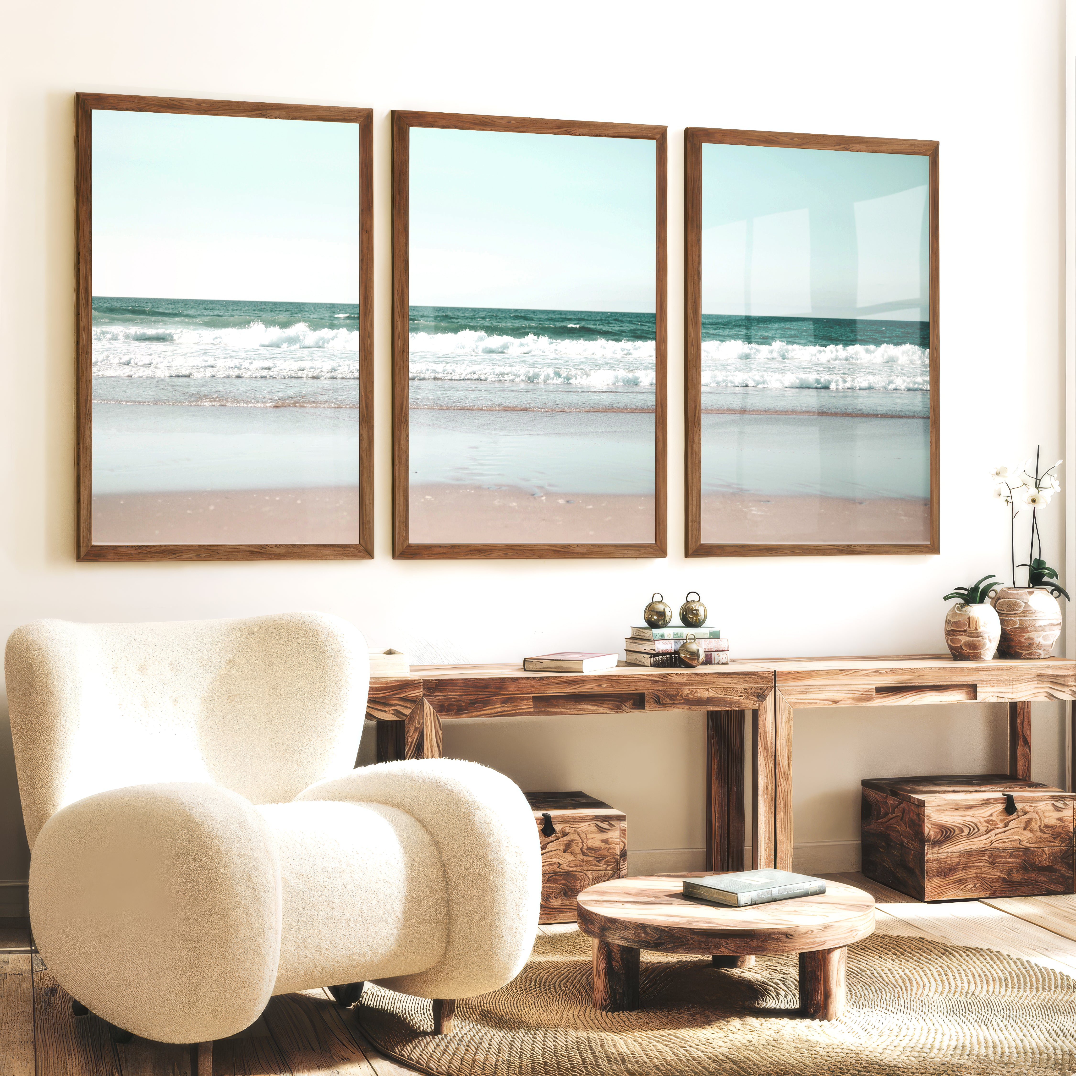 Foamy shoreline wave prints on a quiet beach - Dark Brown Framed Poster No Border - Artworksets