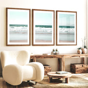 Foamy shoreline wave prints on a quiet beach - Dark Brown Framed Poster with White Border - Artworksets