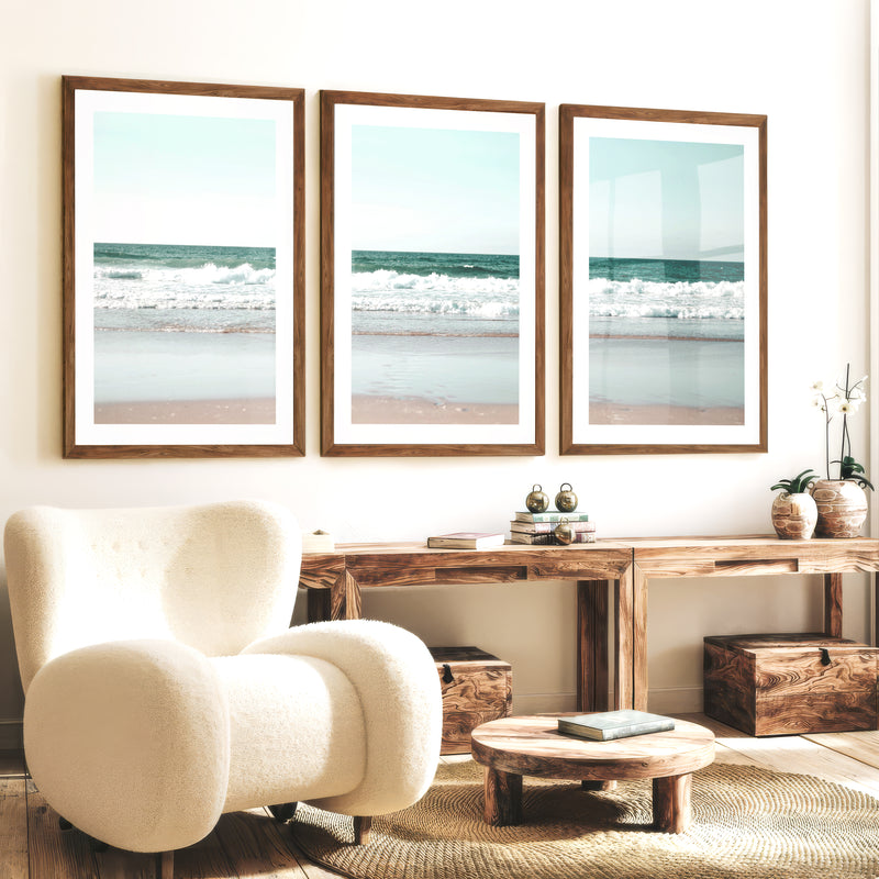 Foamy shoreline wave prints on a quiet beach - Dark Brown Framed Poster with White Border - Artworksets
