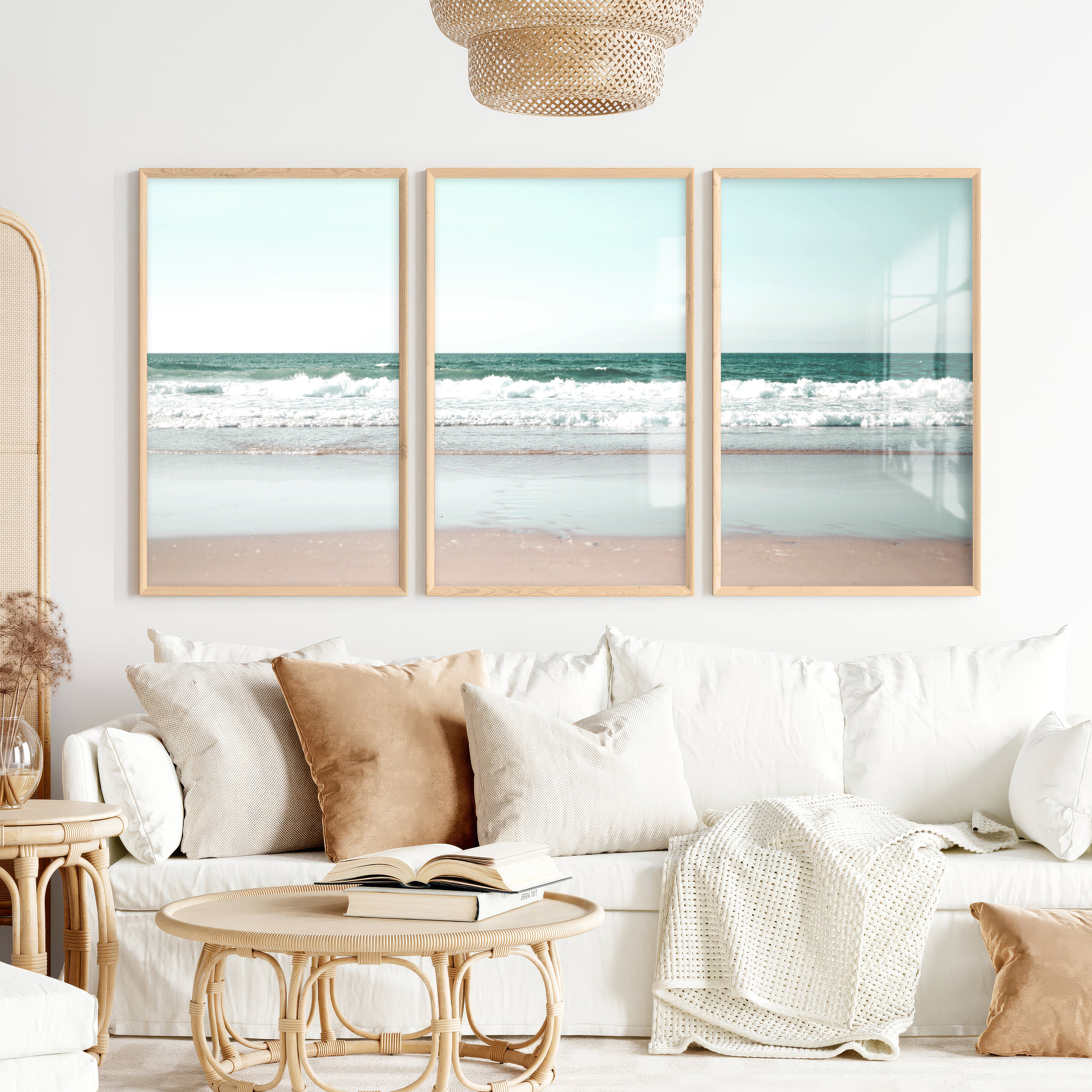 Foamy shoreline wave prints on a quiet beach - Natural Wood Framed Poster No Border - Artworksets