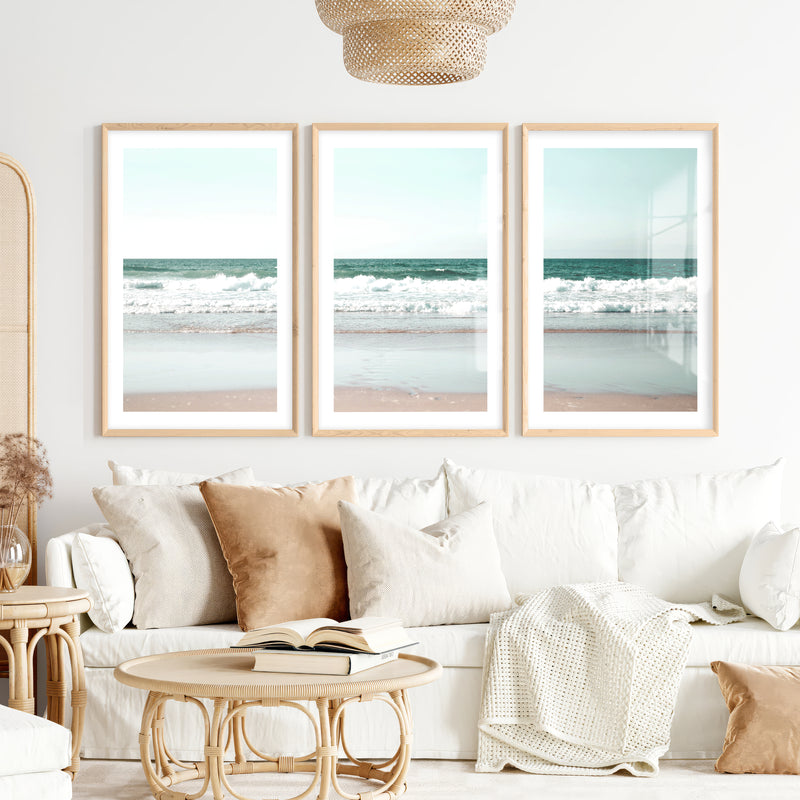 Foamy shoreline wave prints on a quiet beach- Natural Wood Framed Poster with White Border - Artworksets