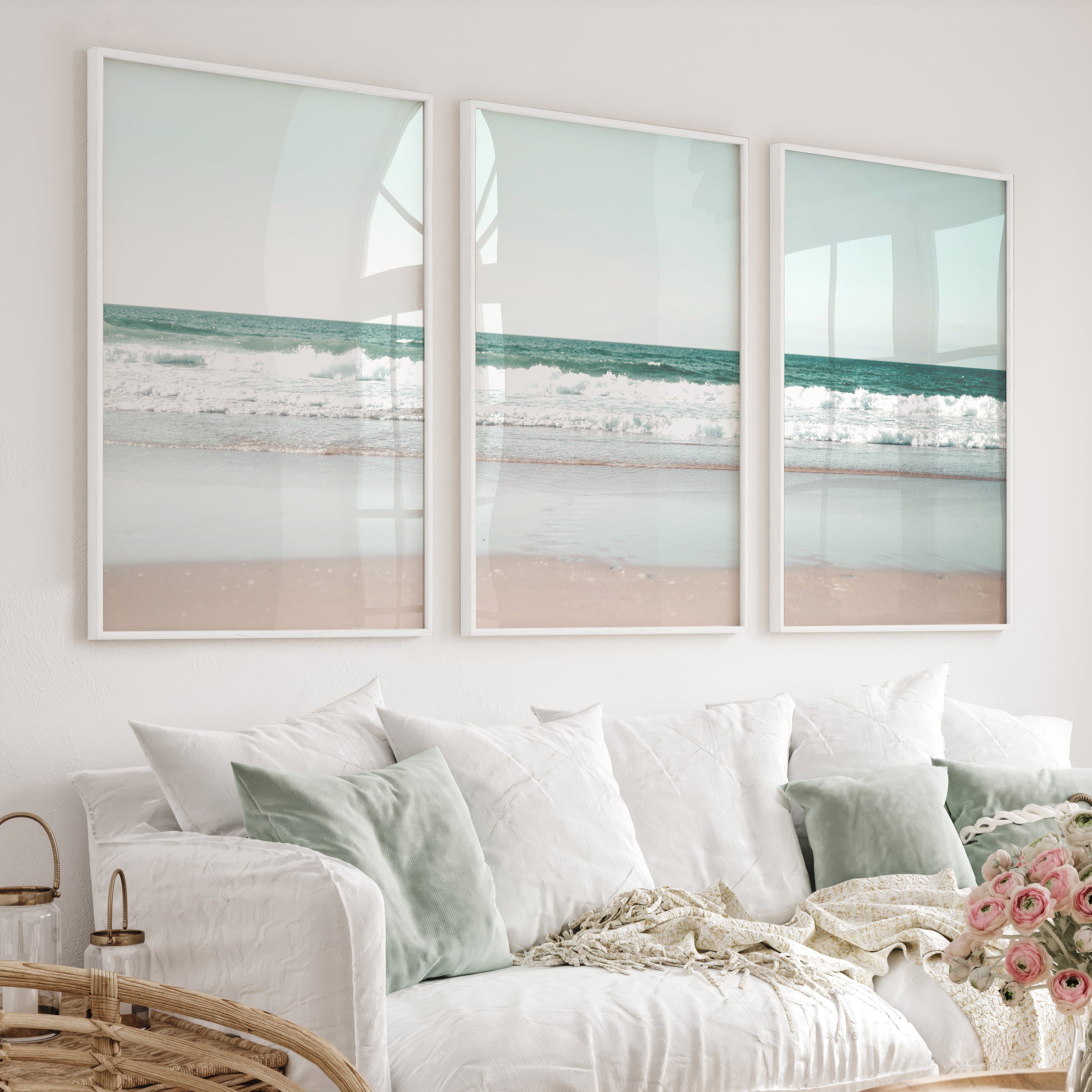 Foamy shoreline wave prints on a quiet beach - White Framed Poster No Border - Artworksets