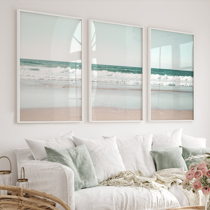 Foamy shoreline wave prints on a quiet beach - White Framed Poster No Border - Artworksets