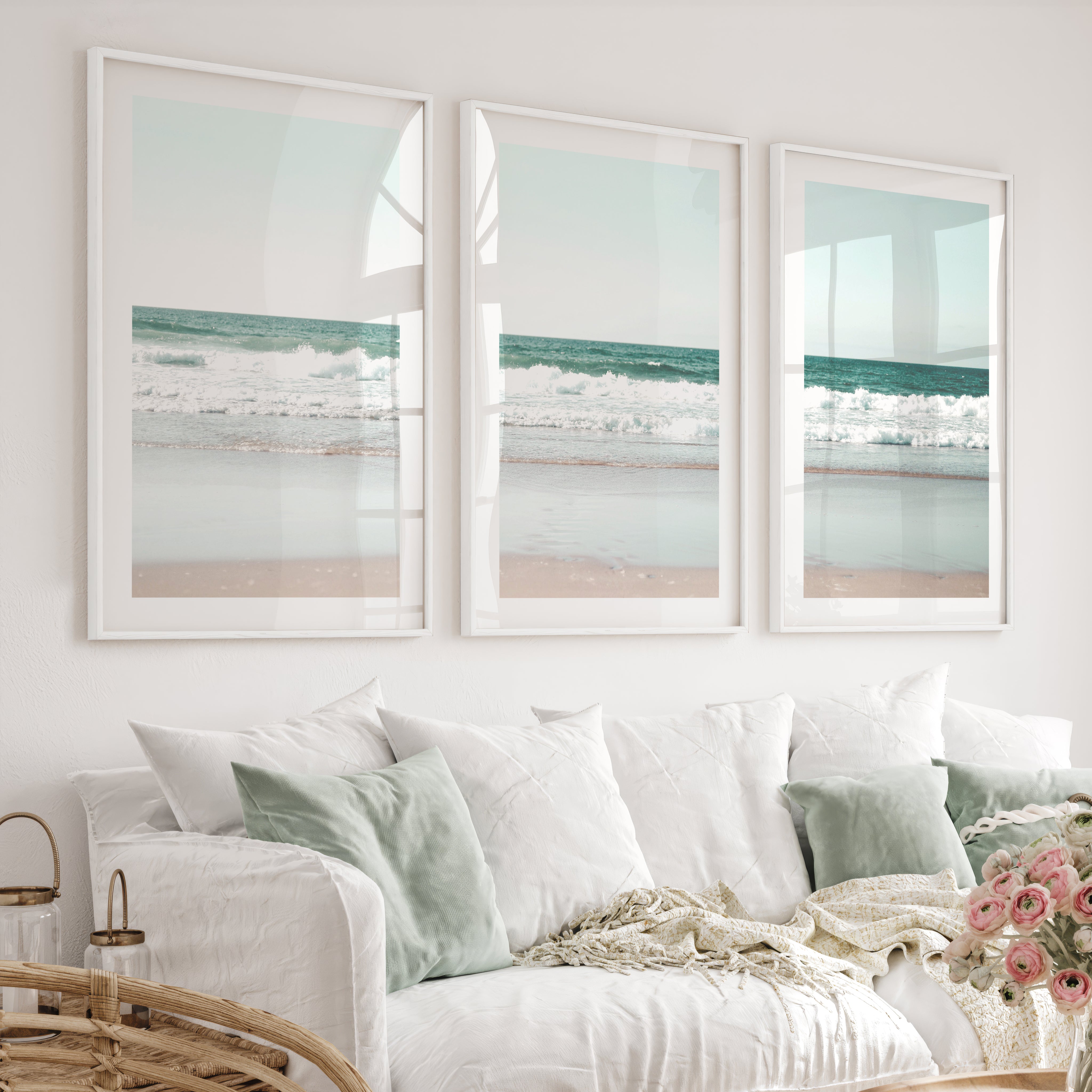 Foamy shoreline wave prints on a quiet beach - White Framed Poster with White Border - Artworksets