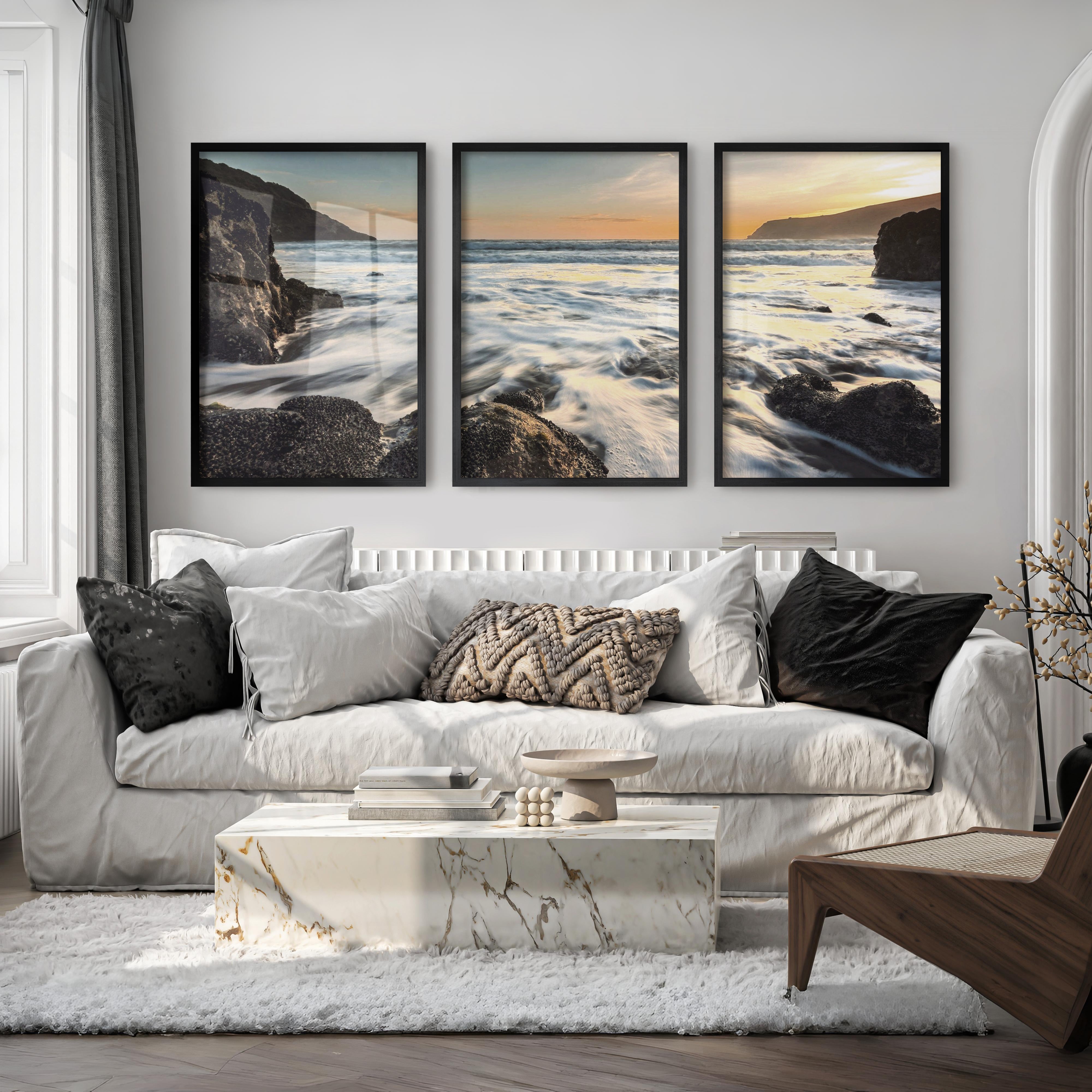 Sunset Cove wave wall art with Rocky Surf - Black Framed Poster No Border - Artworksets