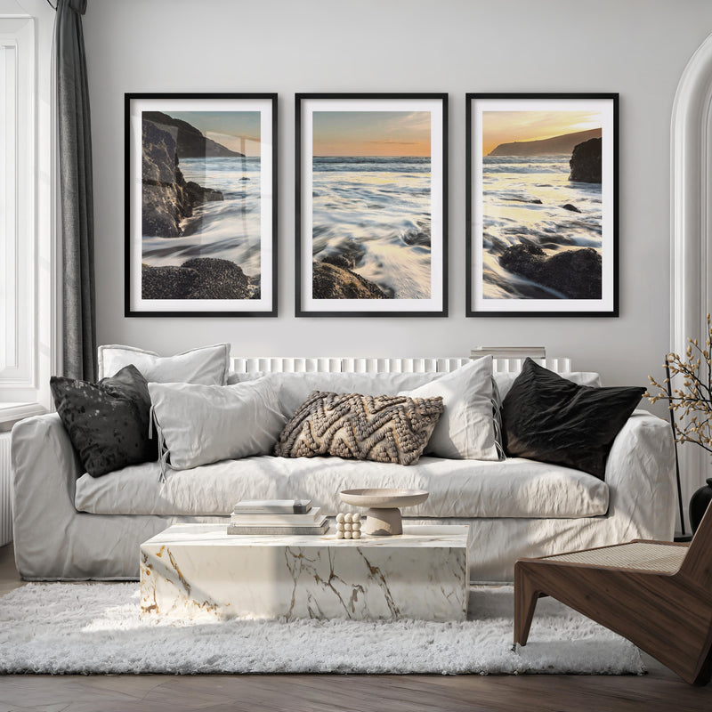 Sunset Cove wave wall art with Rocky Surf - Black Framed Poster with White Border - Artworksets