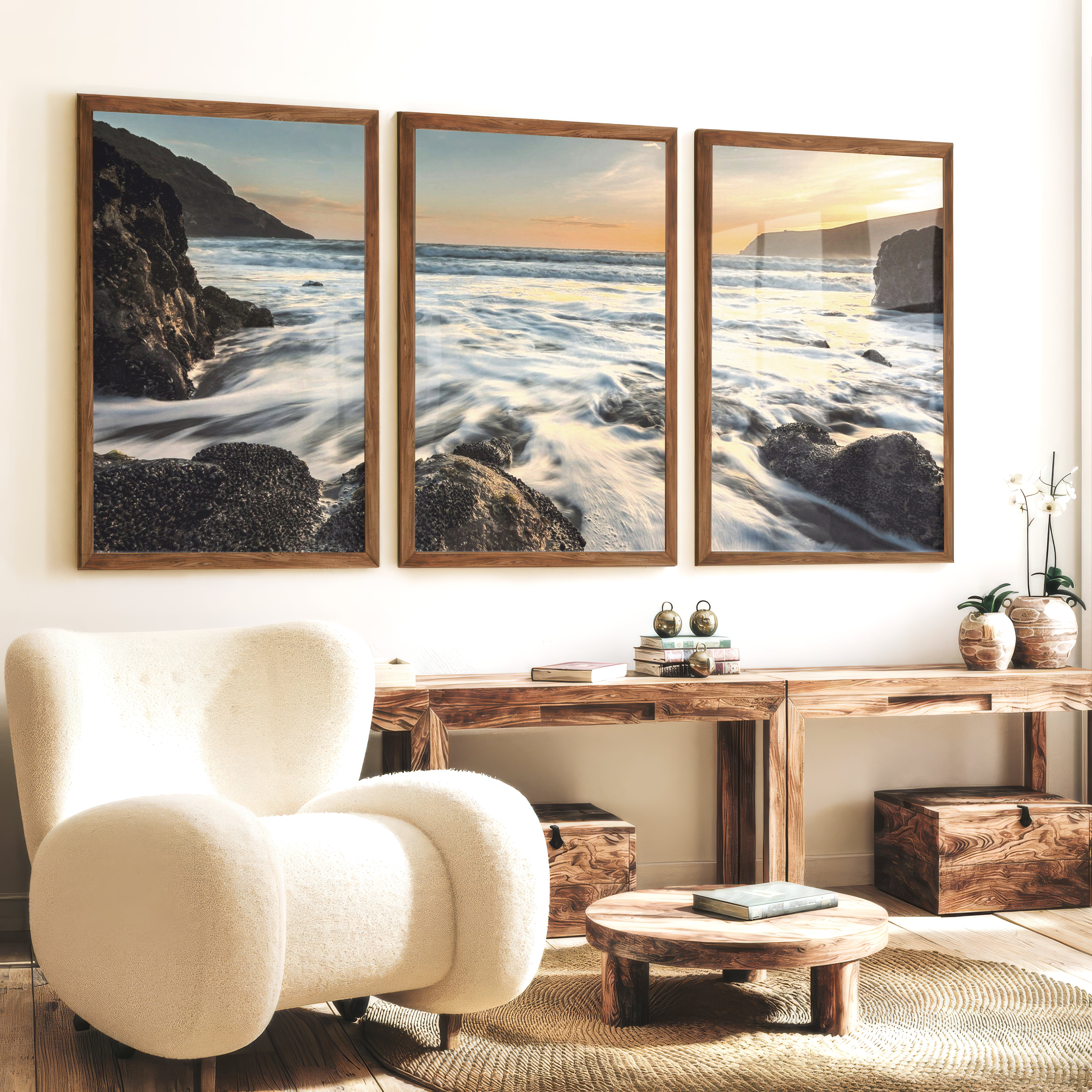Sunset Cove wave wall art with Rocky Surf - Dark Brown Framed Poster No Border - Artworksets