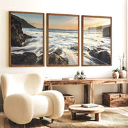 Sunset Cove wave wall art with Rocky Surf - Dark Brown Framed Poster No Border - Artworksets