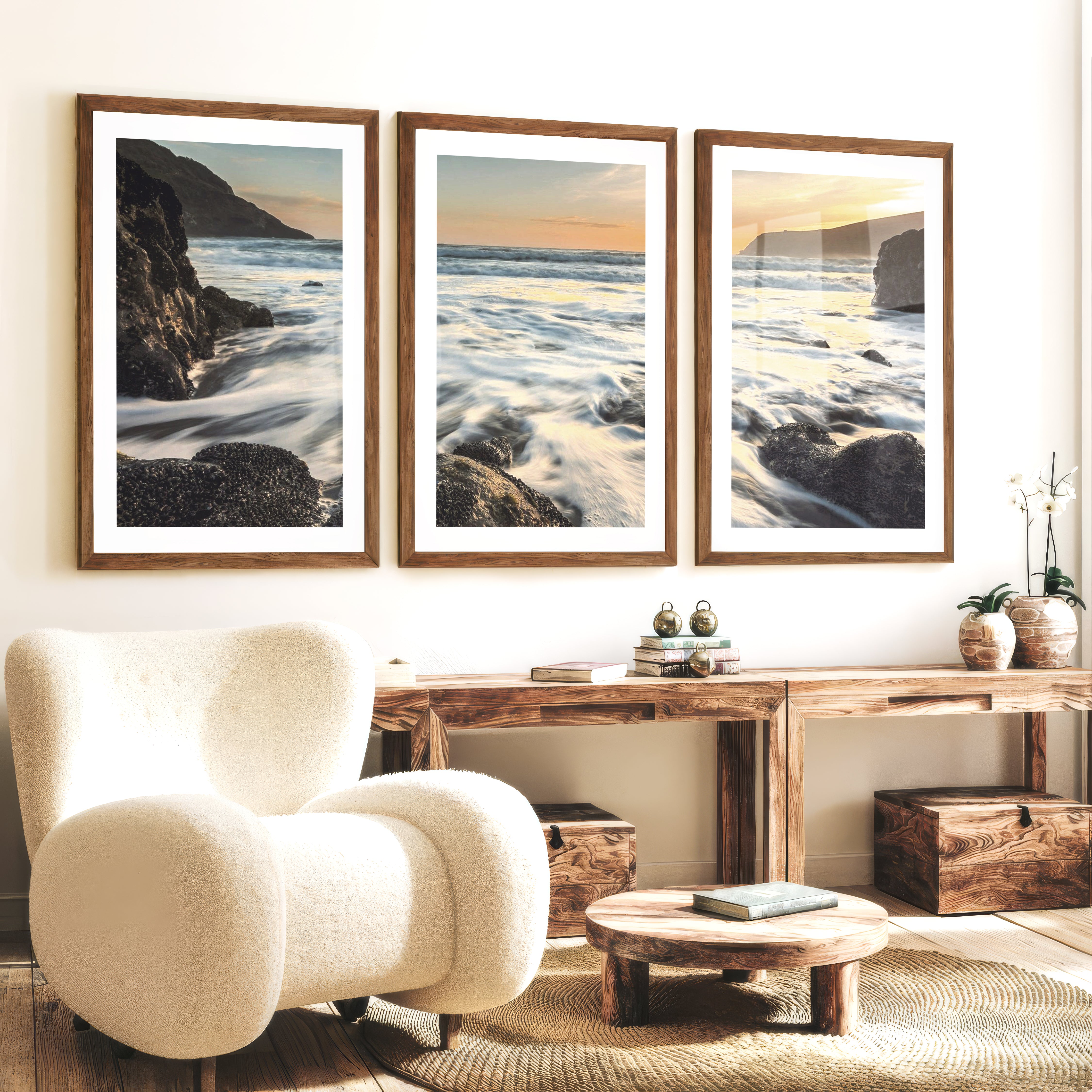 Sunset Cove wave wall art with Rocky Surf - Dark Brown Framed Poster with White Border - Artworksets