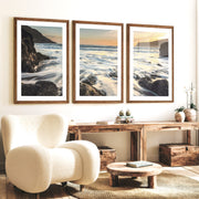 Sunset Cove wave wall art with Rocky Surf - Dark Brown Framed Poster with White Border - Artworksets