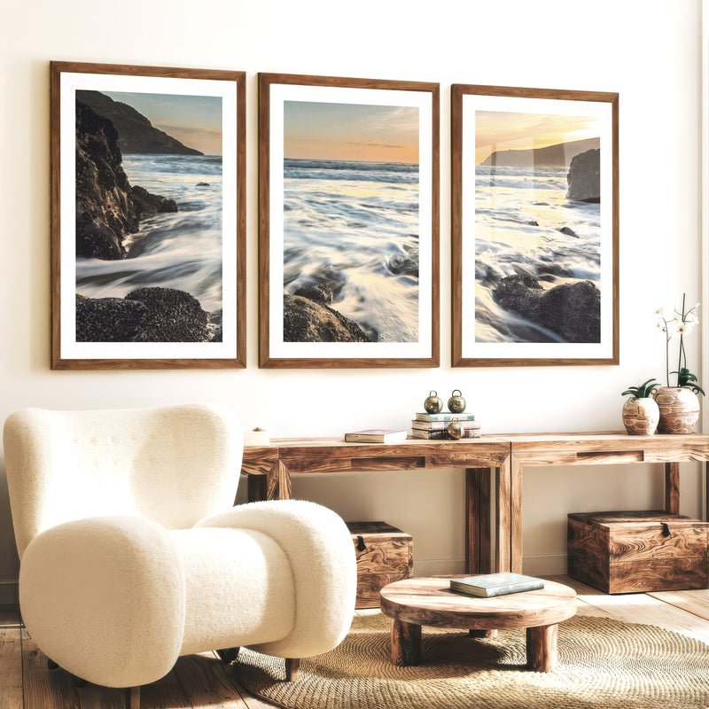 Sunset Cove wave wall art with Rocky Surf - Dark Brown Framed Poster with White Border - Artworksets