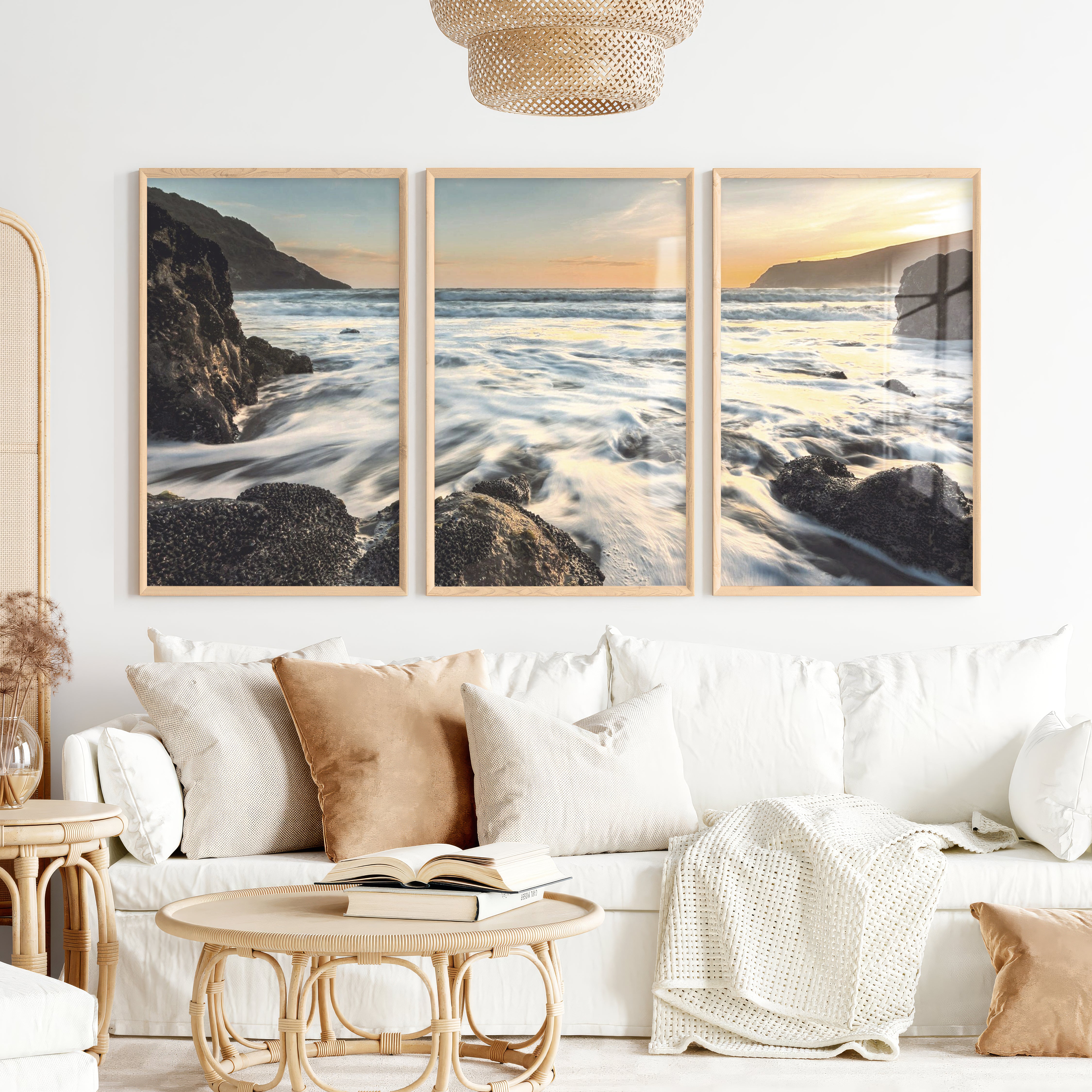 Sunset Cove wave wall art with Rocky Surf - Natural Wood Framed Poster No Border - Artworksets