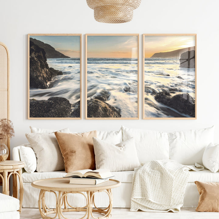 Sunset Cove wave wall art with Rocky Surf - Natural Wood Framed Poster No Border - Artworksets