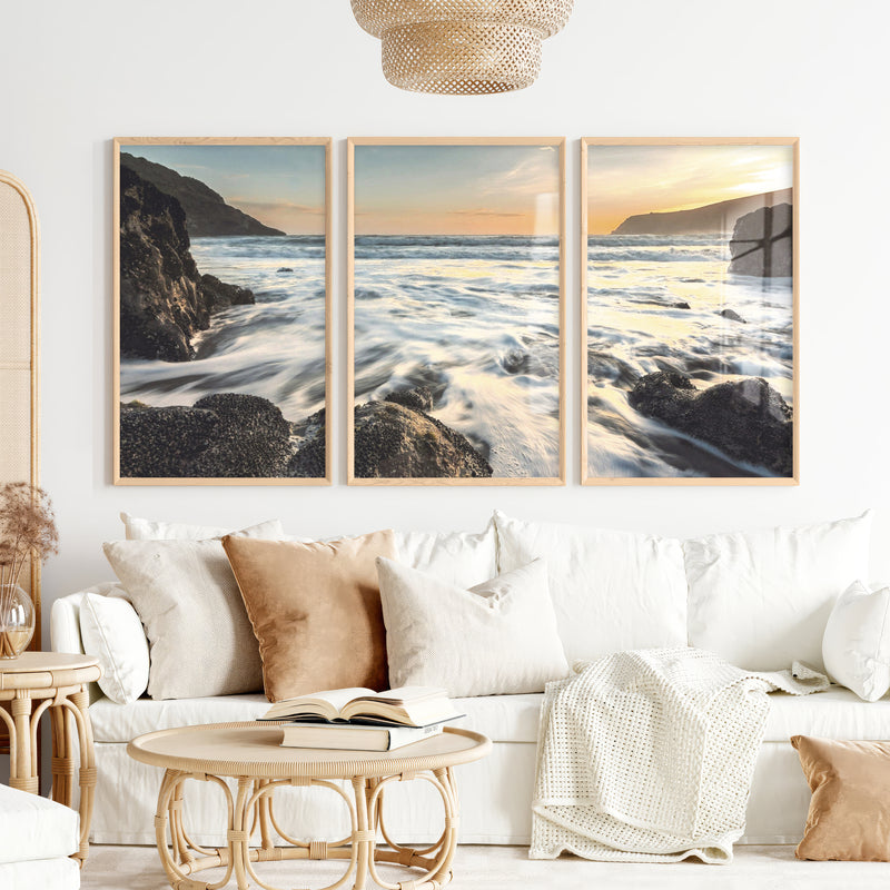 Sunset Cove wave wall art with Rocky Surf - Natural Wood Framed Poster No Border - Artworksets