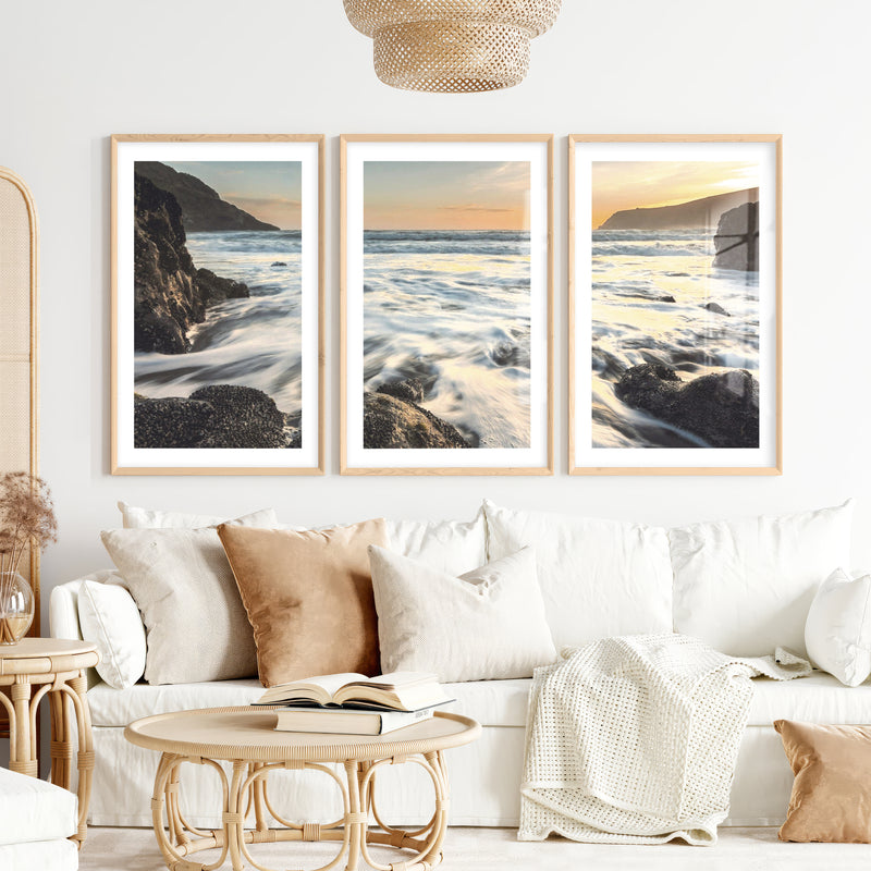 Sunset Cove wave wall art with Rocky Surf- Natural Wood Framed Poster with White Border - Artworksets