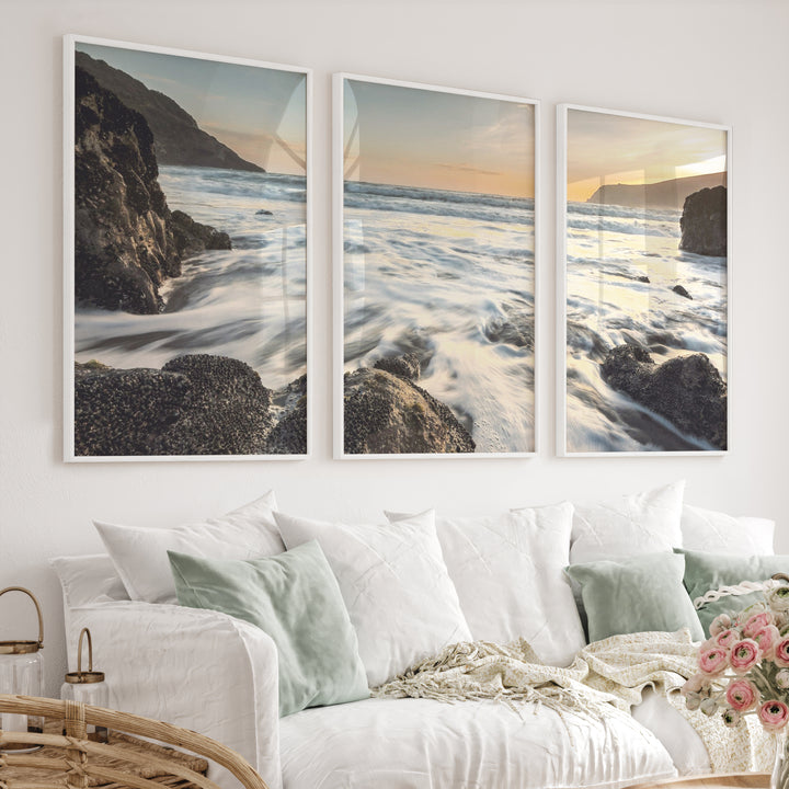 Sunset Cove wave wall art with Rocky Surf - White Framed Poster No Border - Artworksets